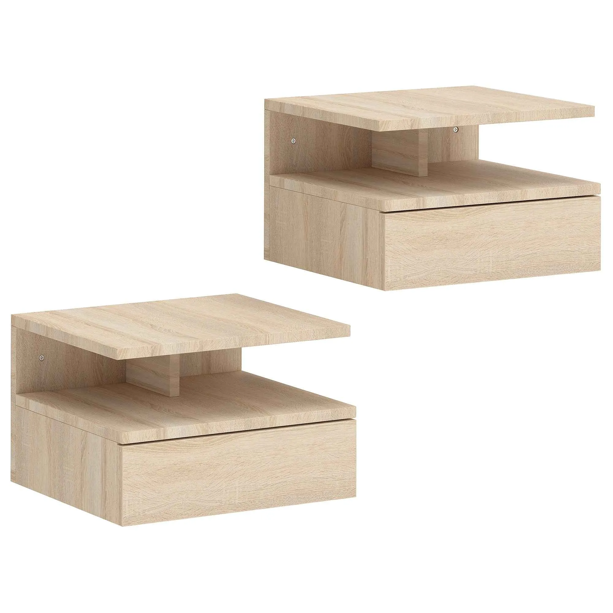 HOMCOM Set of 2 Floating Nightstands with Drawer and Open Shelf, 35x32x22.5 cm, Oak