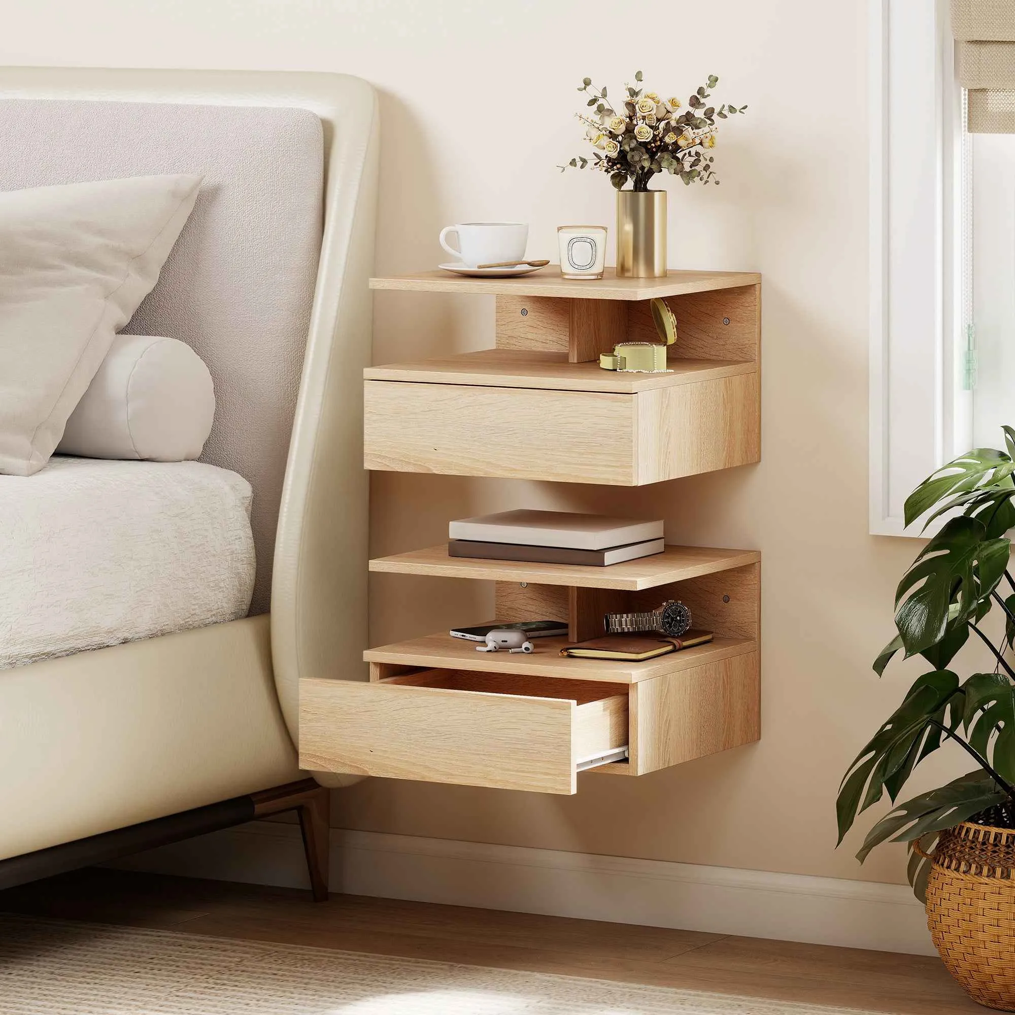 HOMCOM Set of 2 Floating Nightstands with Drawer and Open Shelf, 35x32x22.5 cm, Oak - Image 2