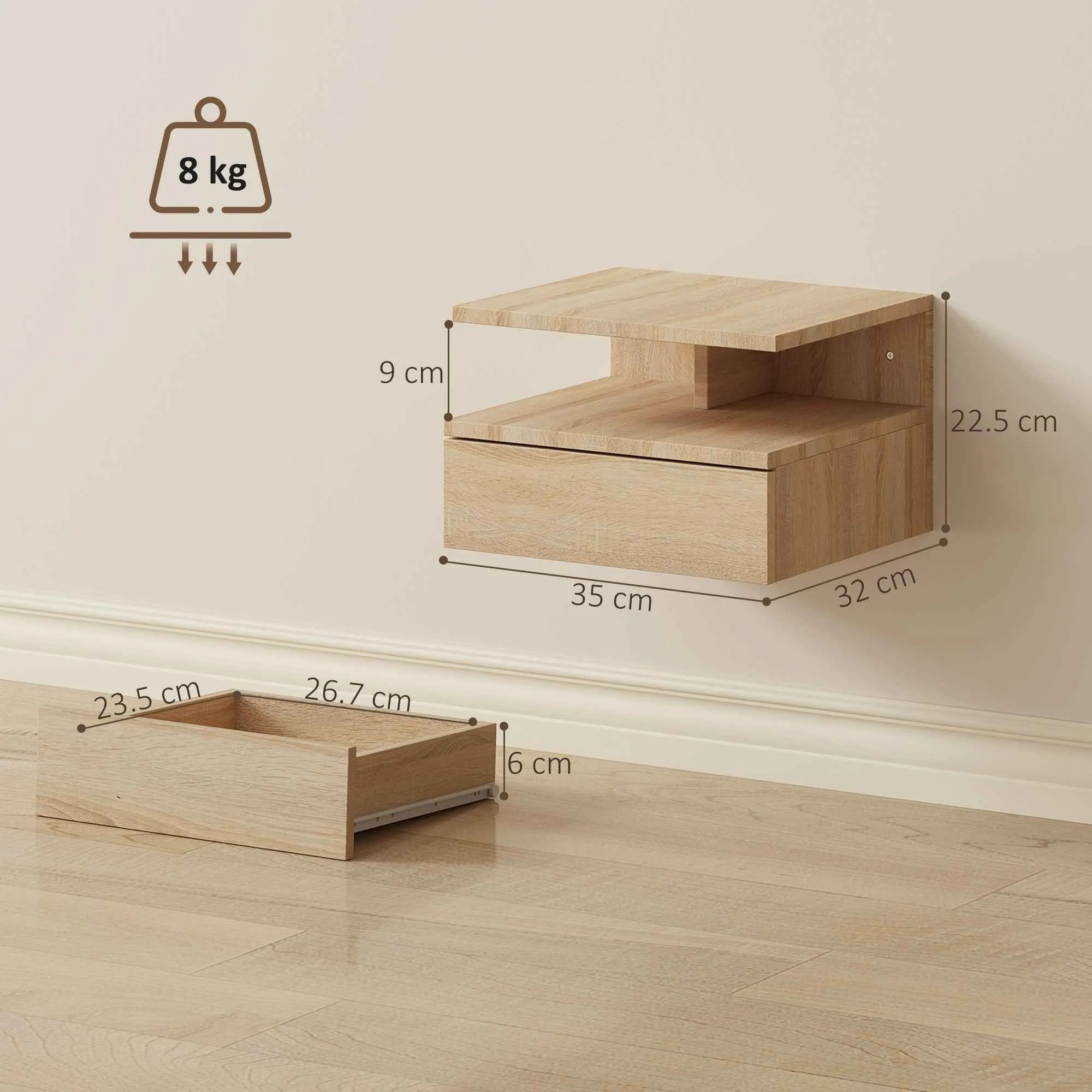HOMCOM Set of 2 Floating Nightstands with Drawer and Open Shelf, 35x32x22.5 cm, Oak - Image 3
