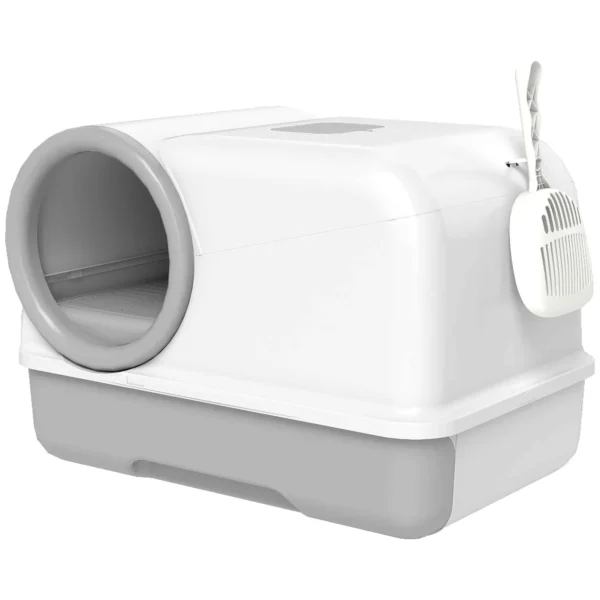 PawHut Enclosed Cat Litter Box with Tray, Scoop and Deodorant Bags, in PP, 59x39.5x39.5 cm, White and Grey