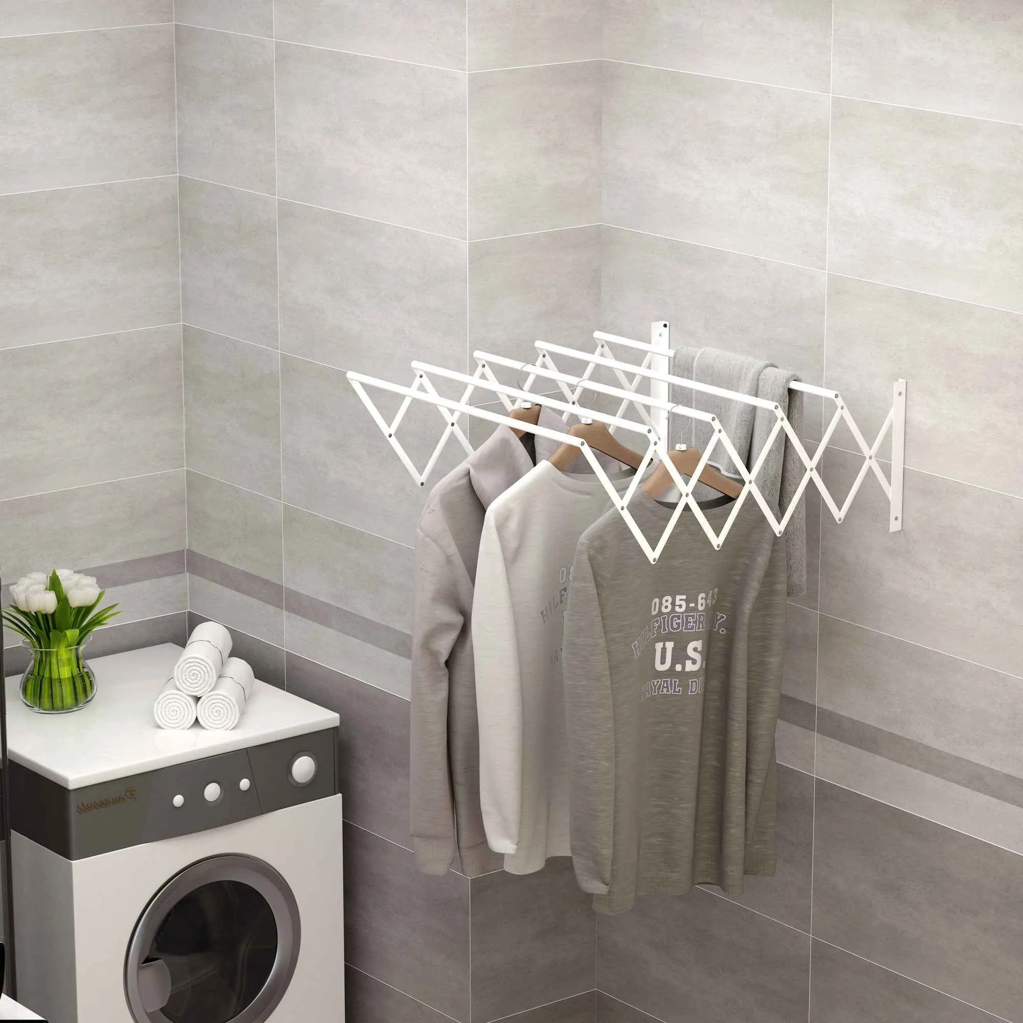 HOMCOM Retractable Wall-Mounted Clothes Airer for Indoor and Outdoor Use, 63.5 x 60 x 20 cm, White - Image 2