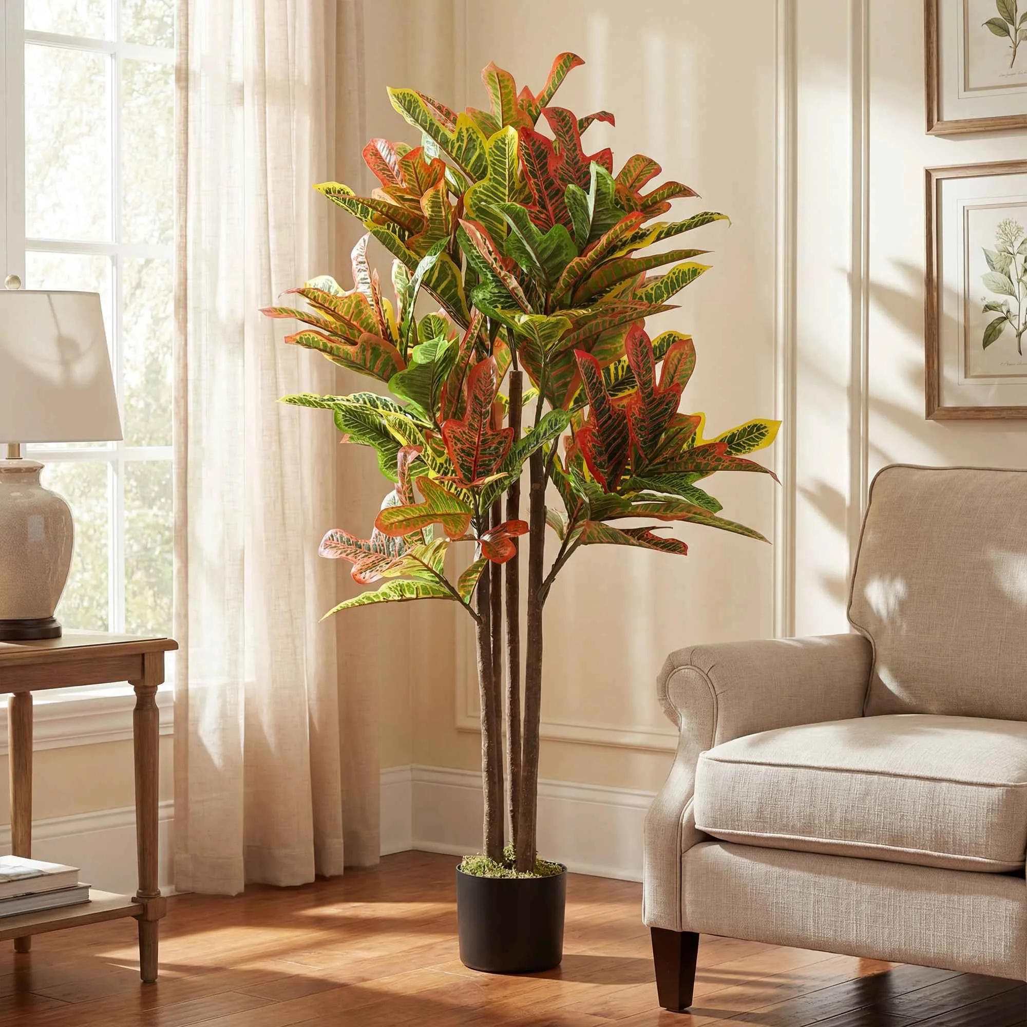 HOMCOM Artificial Croton Plant in Multi-Color, PEVA and Wood, with a PP and Cement Pot, 55x55x120 cm - Image 2