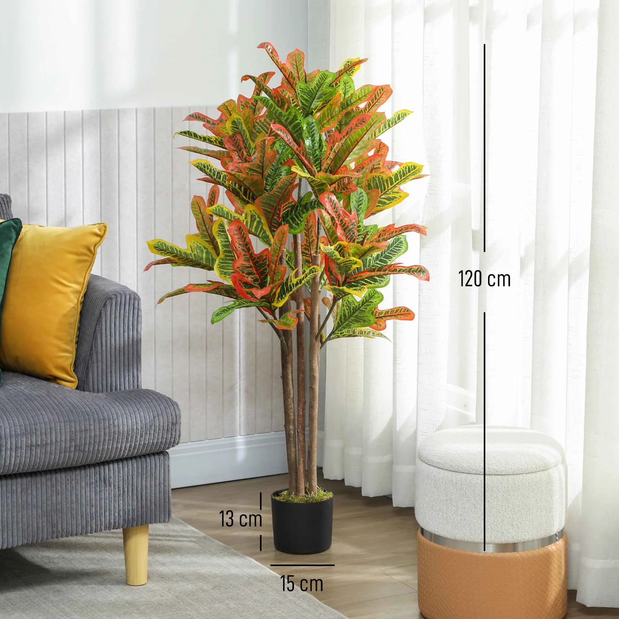 HOMCOM Artificial Croton Plant in Multi-Color, PEVA and Wood, with a PP and Cement Pot, 55x55x120 cm - Image 3