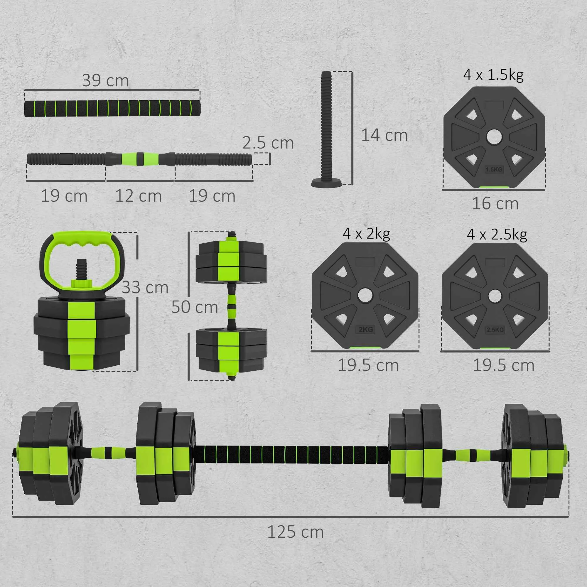 SPORTNOW 6-in-1 Multifunction Gym Weight Set, 25kg Total, Made of Plastic and Sand, 125x18x18 cm, Green - Image 3