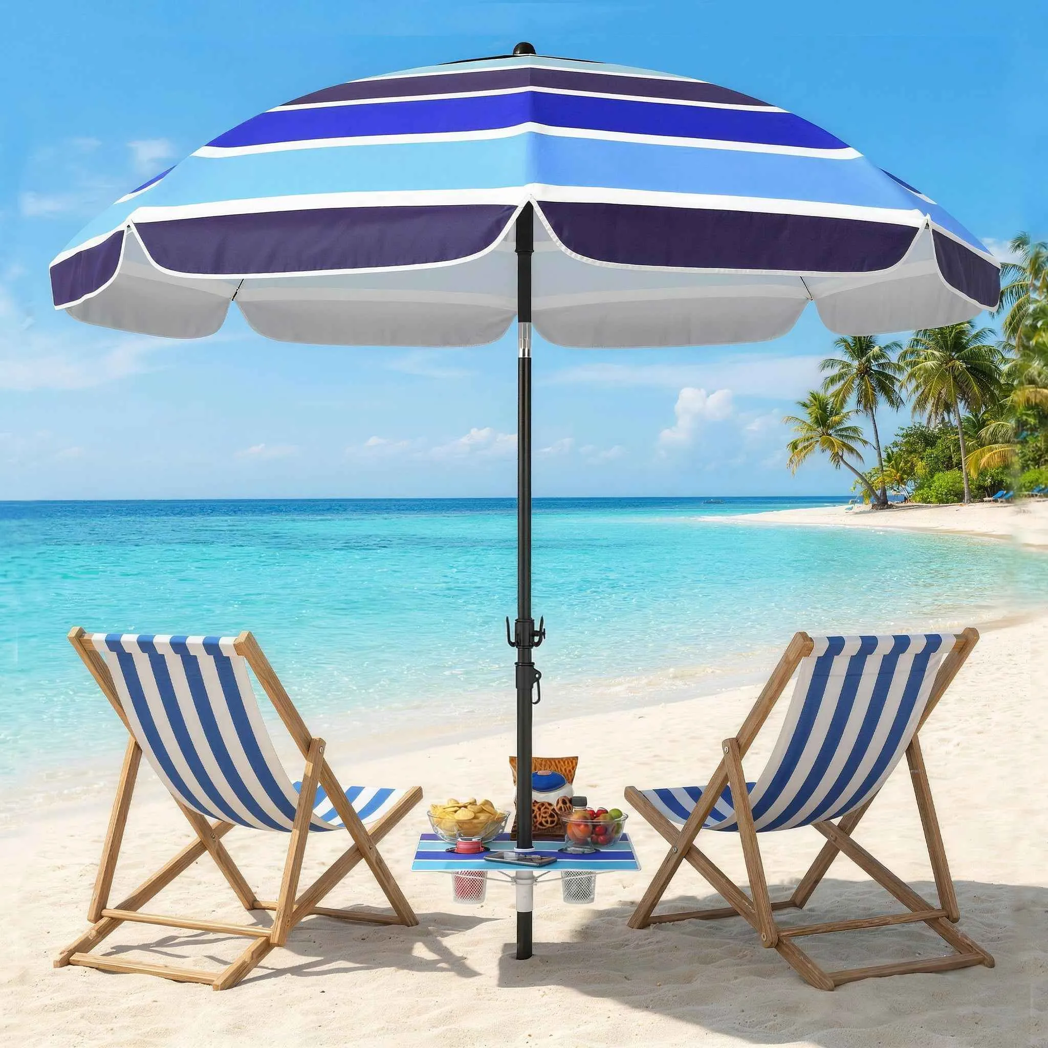 Outsunny Beach Umbrella with Table and Cup Holder, Metal and Polyester, Ø198x214 cm, Multicolored - Image 2