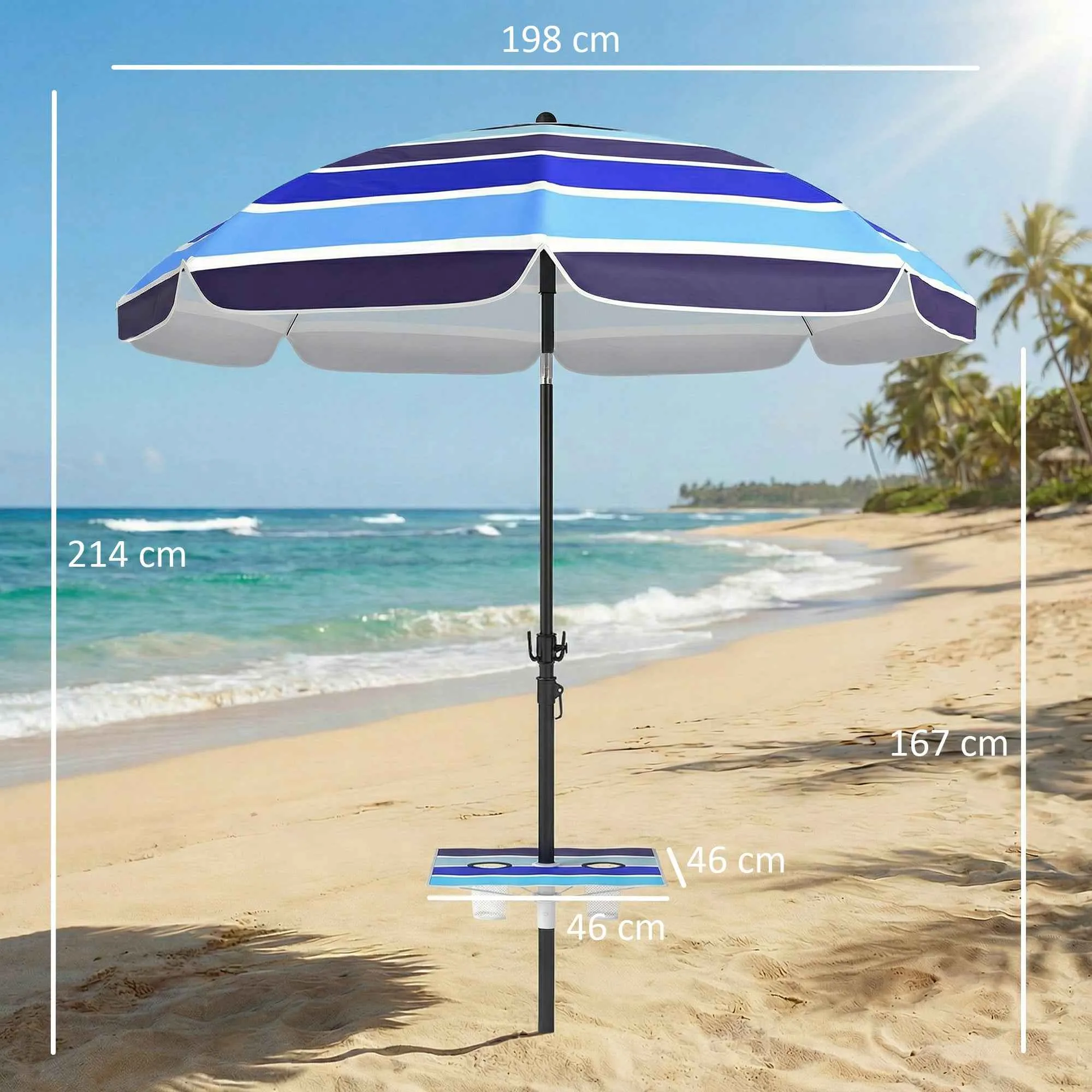 Outsunny Beach Umbrella with Table and Cup Holder, Metal and Polyester, Ø198x214 cm, Multicolored - Image 3