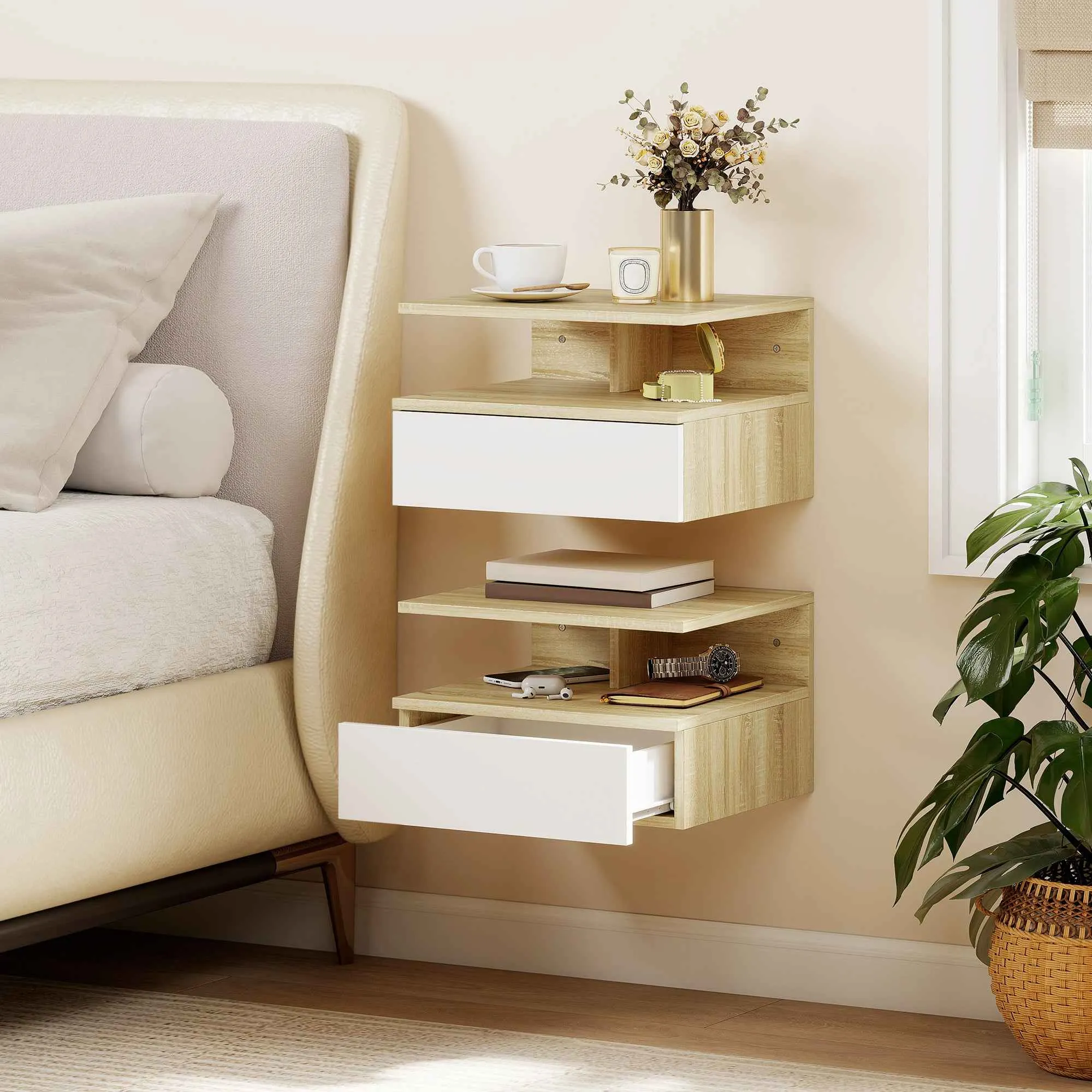 HOMCOM Set of 2 Floating Bedside Tables with Drawer and Open Shelf, 35x32x22.5 cm, White and Oak - Image 2