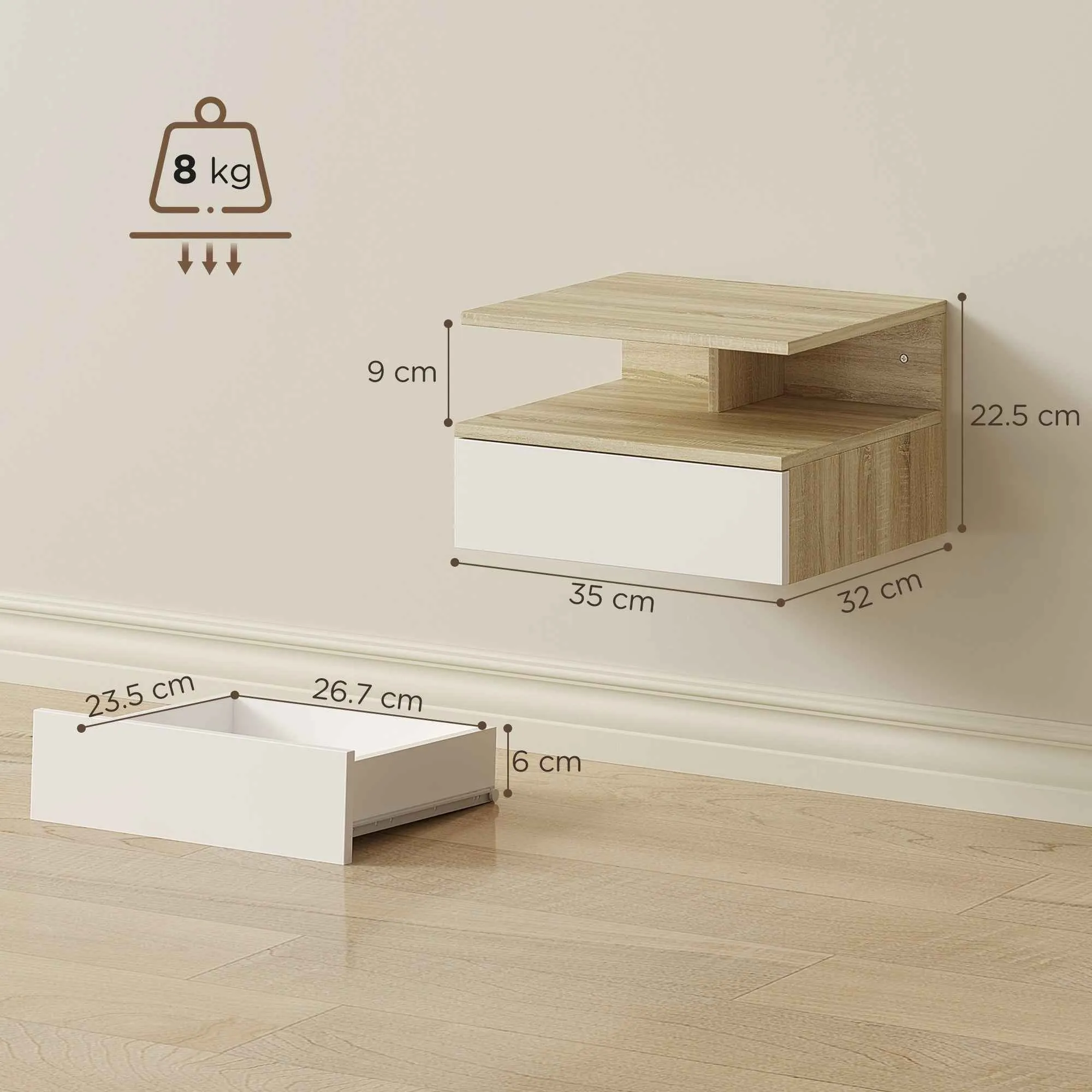 HOMCOM Set of 2 Floating Bedside Tables with Drawer and Open Shelf, 35x32x22.5 cm, White and Oak - Image 3