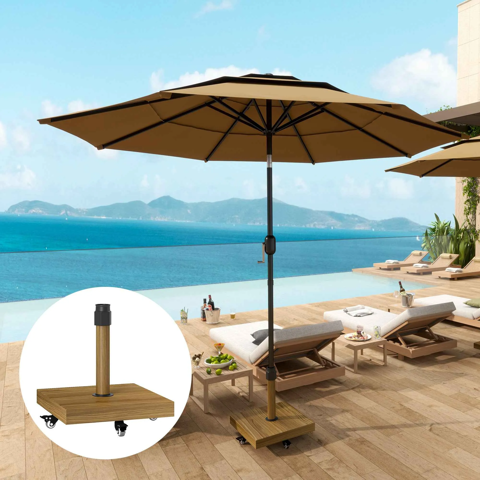 Outsunny Wheeled Umbrella Base with Brakes for Ø36/38/48 mm Poles, in Metal with Cement, Wood Effect - Image 2