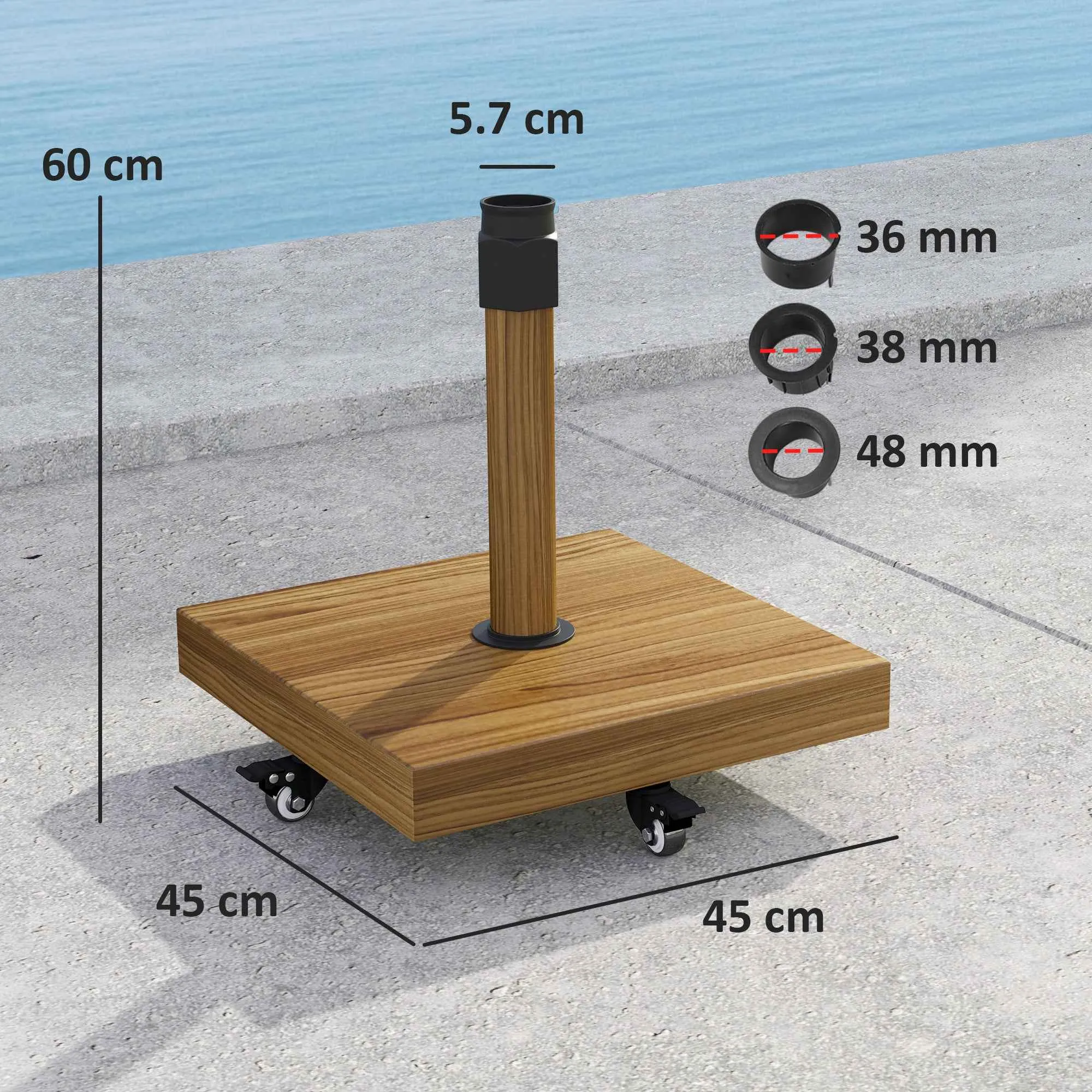 Outsunny Wheeled Umbrella Base with Brakes for Ø36/38/48 mm Poles, in Metal with Cement, Wood Effect - Image 3