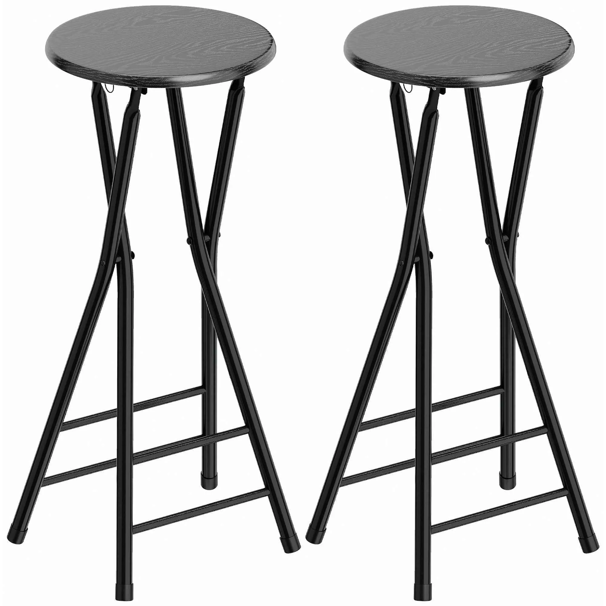 HOMCOM Set of 2 Folding Bar Stools with Double Footrest, Wood and Steel, 34x30x70 cm, Black