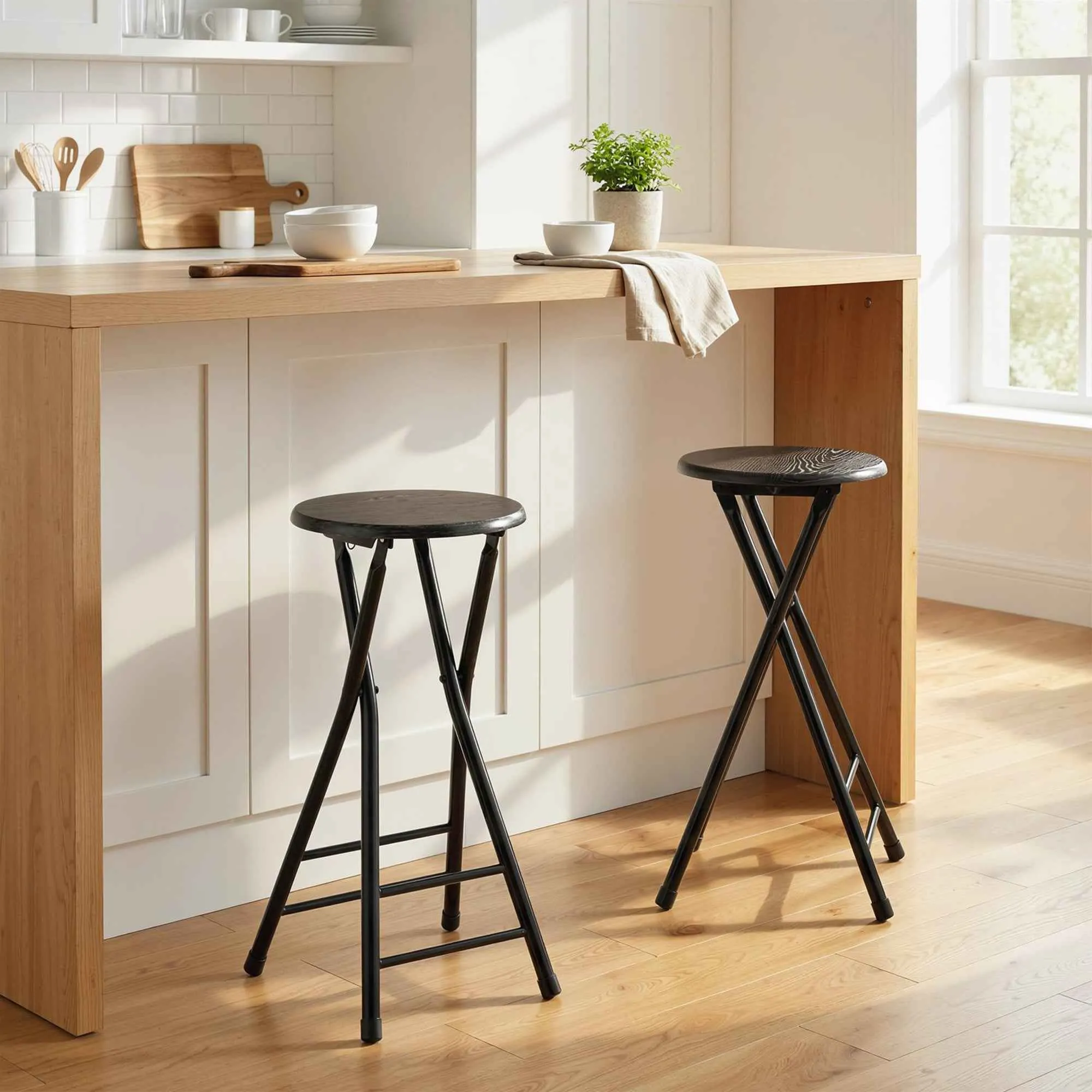 HOMCOM Set of 2 Folding Bar Stools with Double Footrest, Wood and Steel, 34x30x70 cm, Black - Image 2
