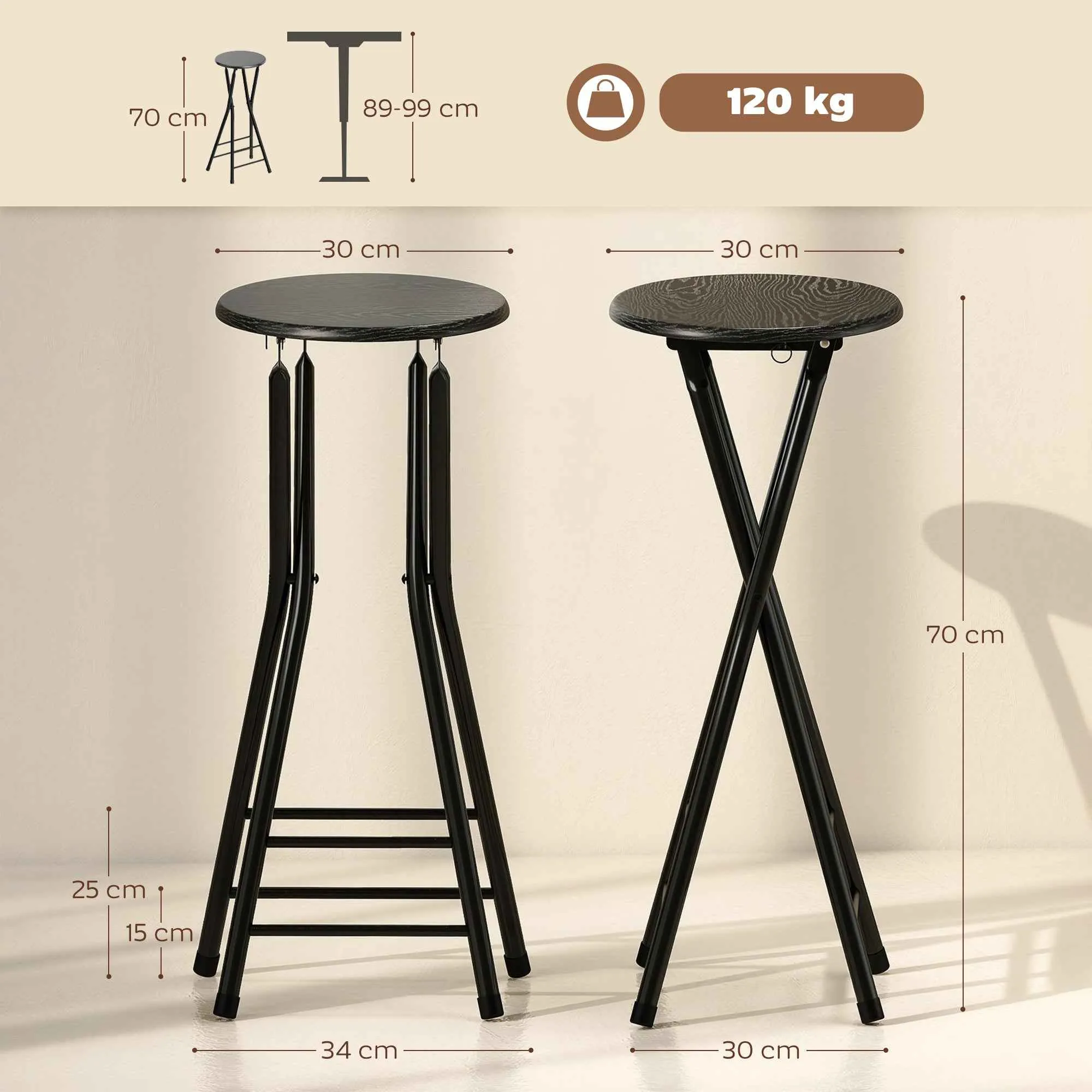 HOMCOM Set of 2 Folding Bar Stools with Double Footrest, Wood and Steel, 34x30x70 cm, Black - Image 3