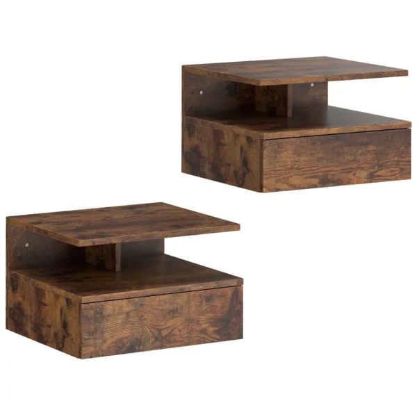 HOMCOM Set of 2 Floating Nightstands with Drawer and Open Shelf, 35x32x22.5 cm, Rustic Brown