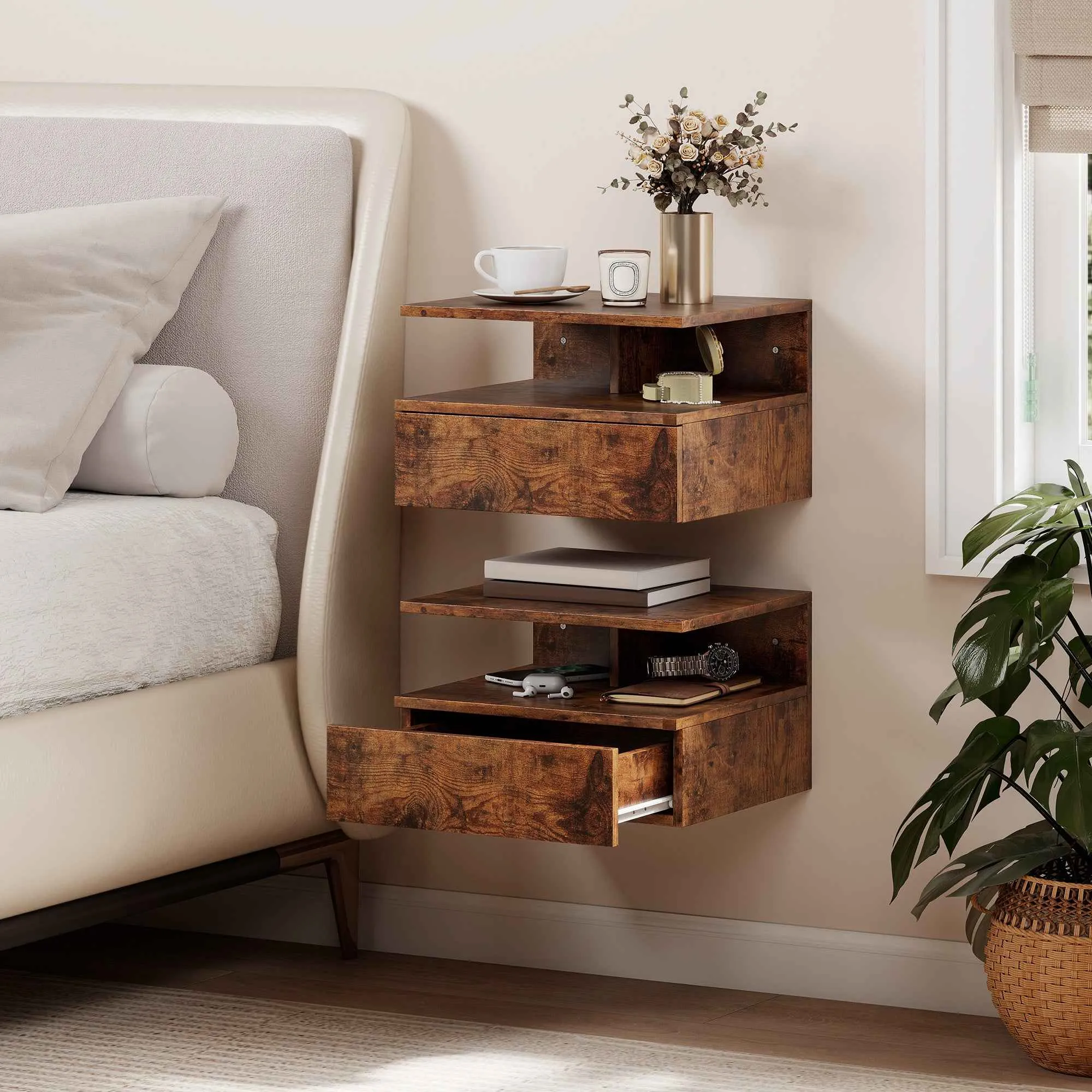 HOMCOM Set of 2 Floating Nightstands with Drawer and Open Shelf, 35x32x22.5 cm, Rustic Brown - Image 2