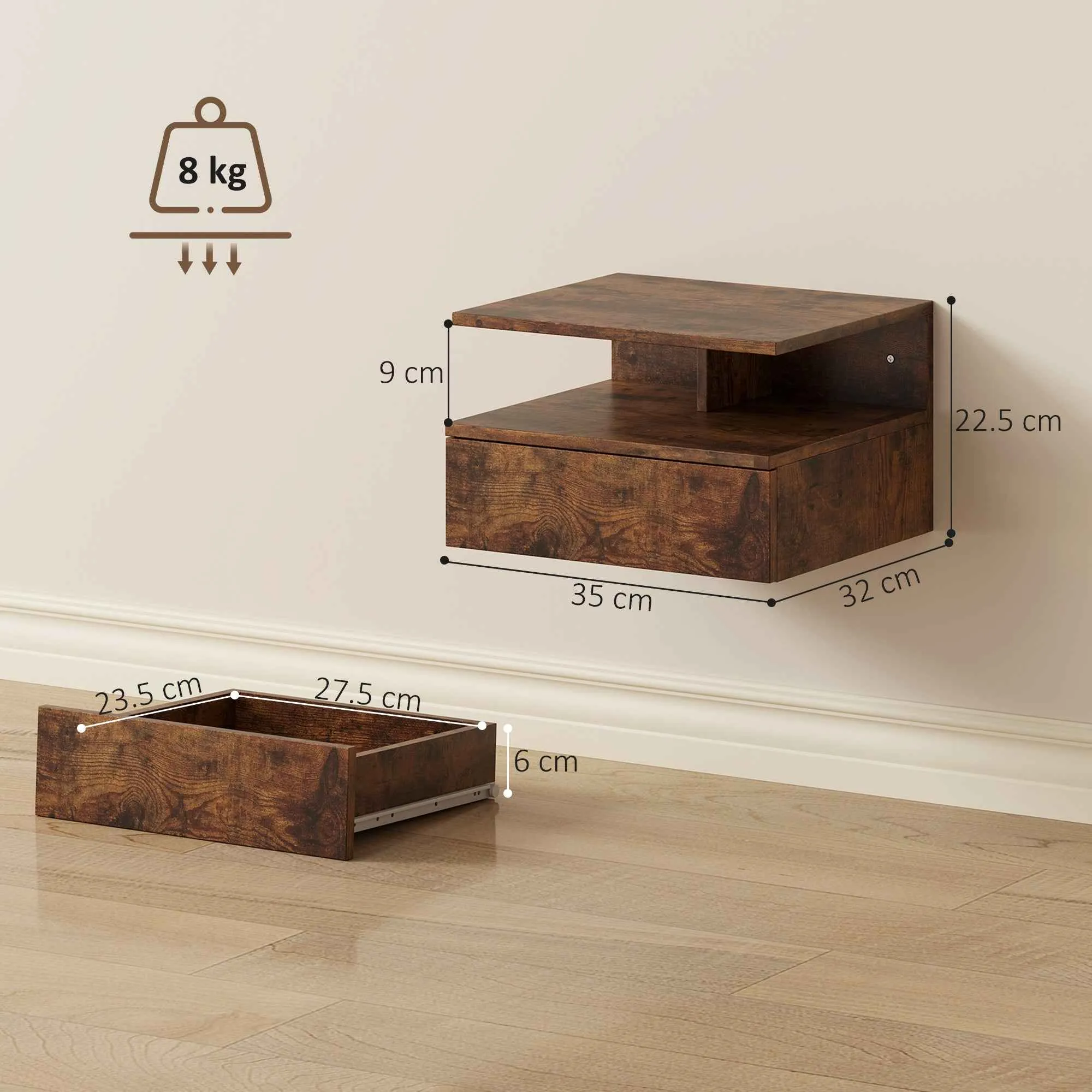 HOMCOM Set of 2 Floating Nightstands with Drawer and Open Shelf, 35x32x22.5 cm, Rustic Brown - Image 3