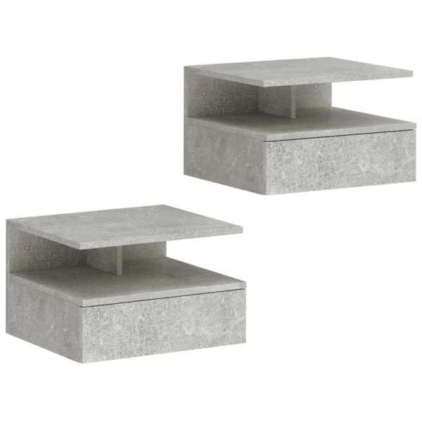 HOMCOM Set of 2 Floating Bedside Tables with Drawer and Open Shelf, 35x32x22.5 cm, Cement Grey