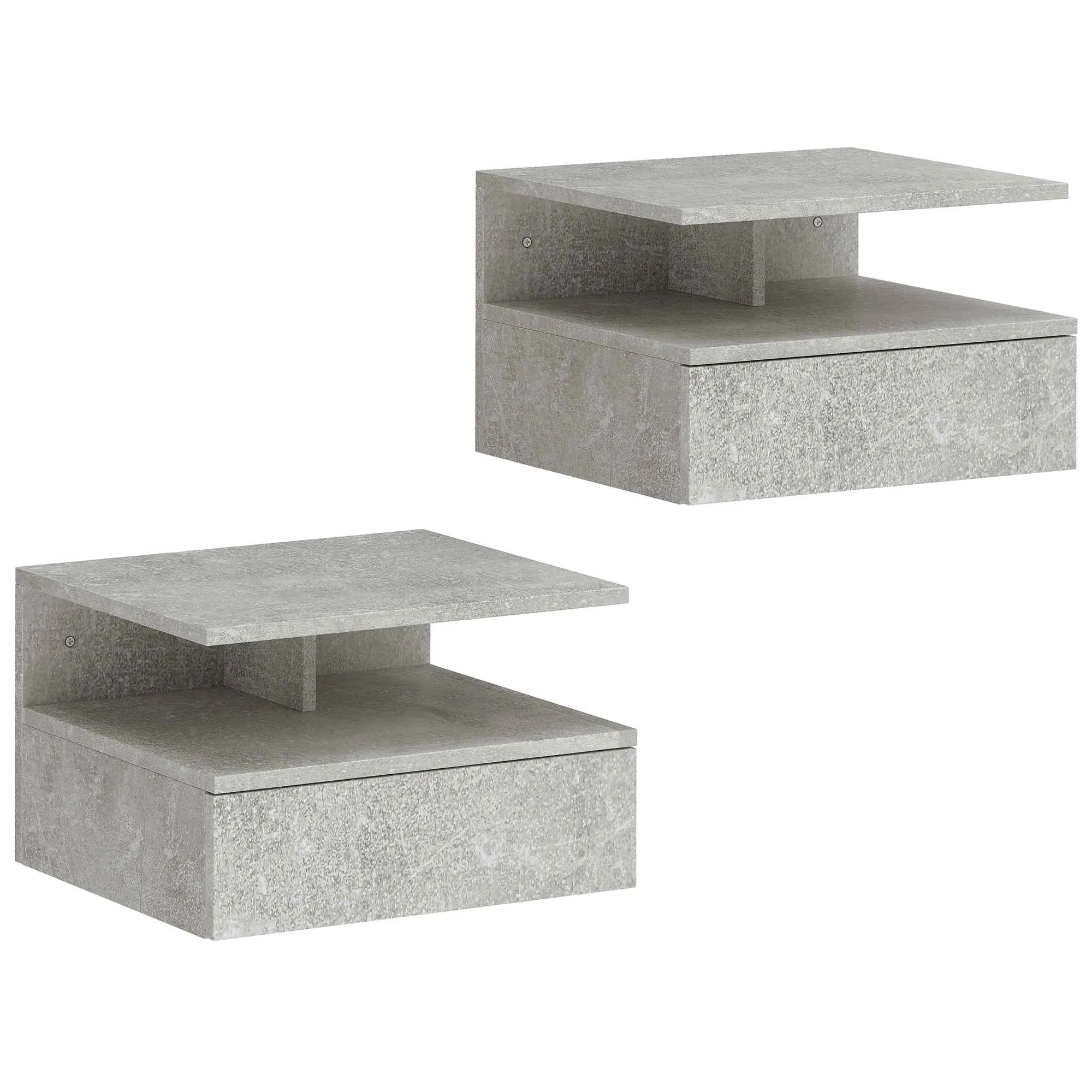 HOMCOM Set of 2 Floating Bedside Tables with Drawer and Open Shelf, 35x32x22.5 cm, Cement Grey