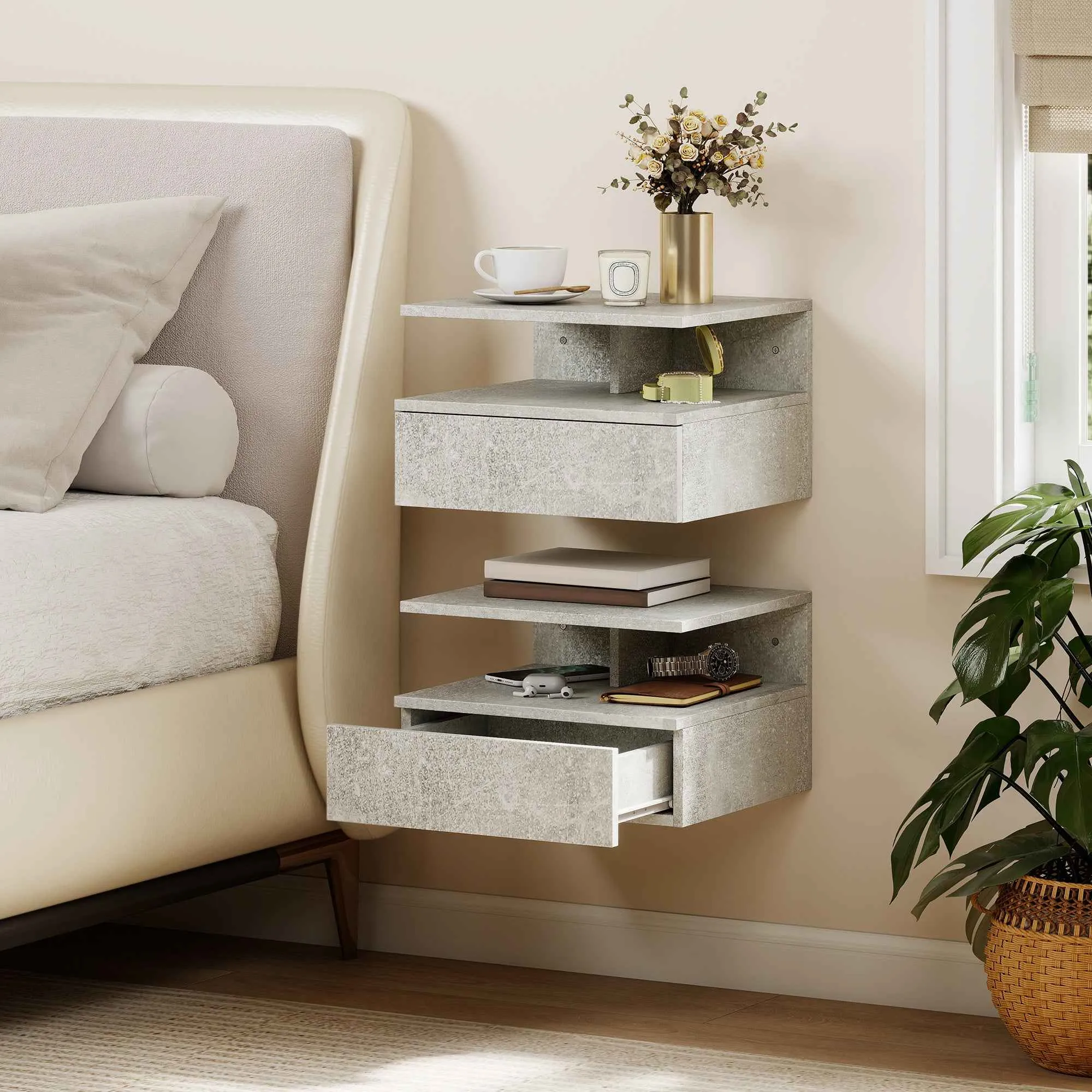 HOMCOM Set of 2 Floating Bedside Tables with Drawer and Open Shelf, 35x32x22.5 cm, Cement Grey - Image 2
