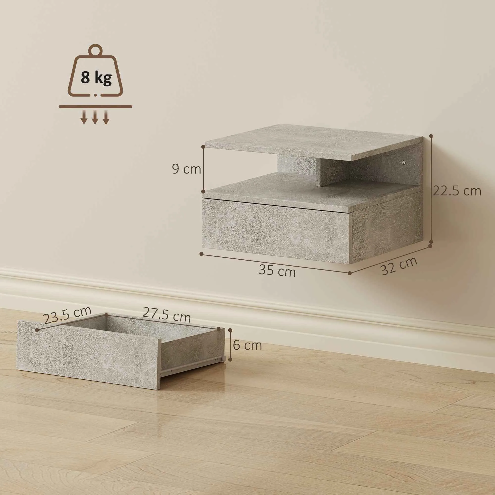 HOMCOM Set of 2 Floating Bedside Tables with Drawer and Open Shelf, 35x32x22.5 cm, Cement Grey - Image 3