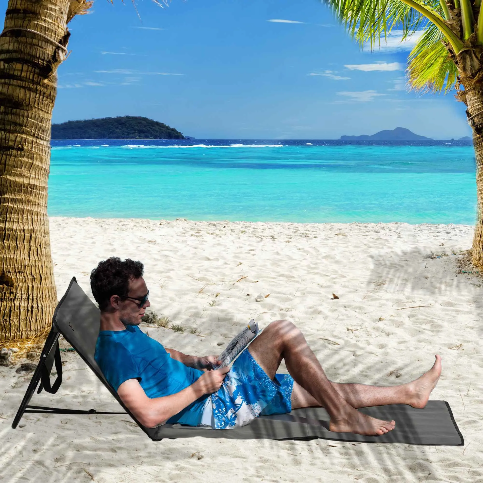 Outsunny Set of 2 Adjustable Folding Deck Chairs with Pocket, 142x51x40 cm, Grey - Image 2