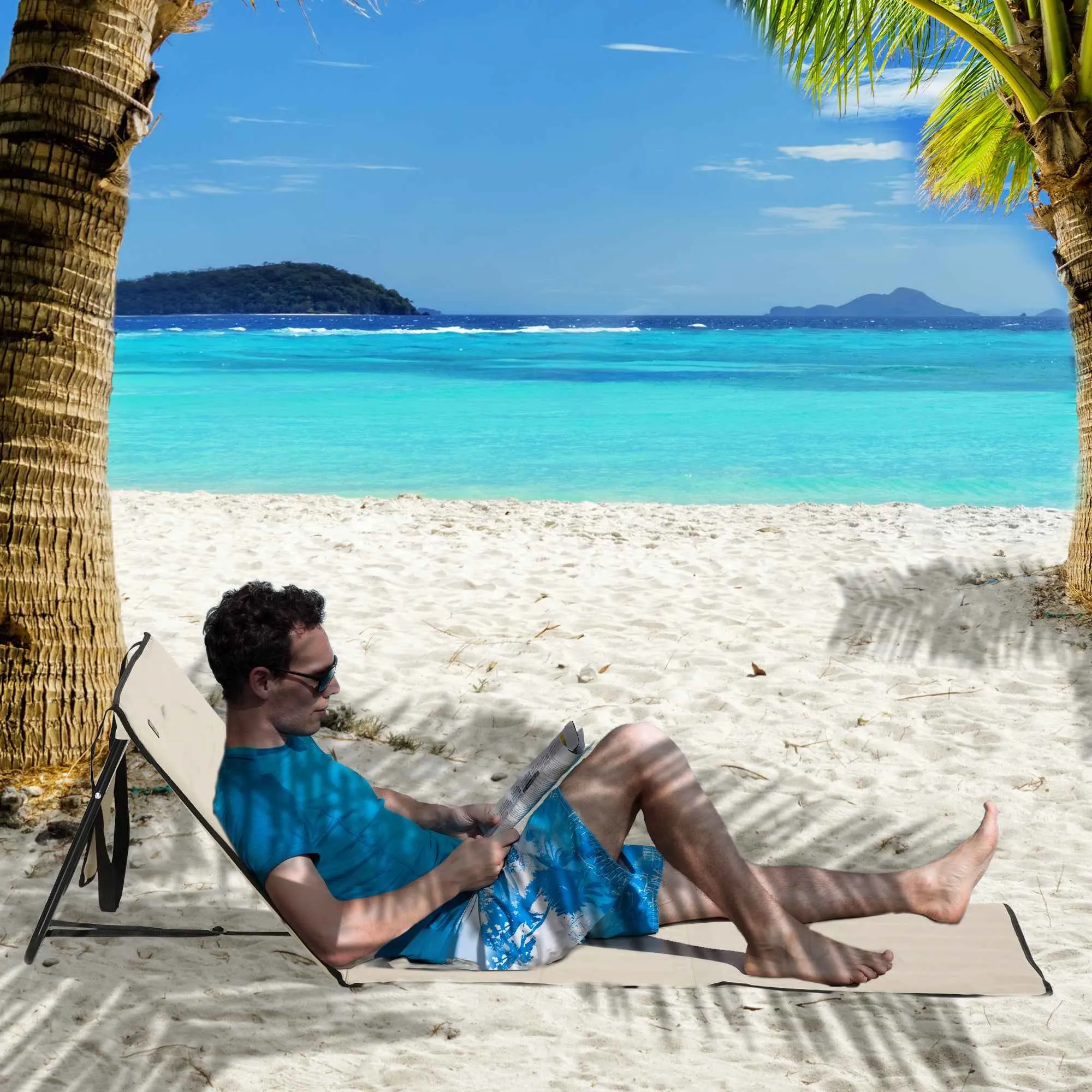 Set of 2 Adjustable Folding Deck Chairs with Pocket, 142x51x40 cm, Beige - Image 2