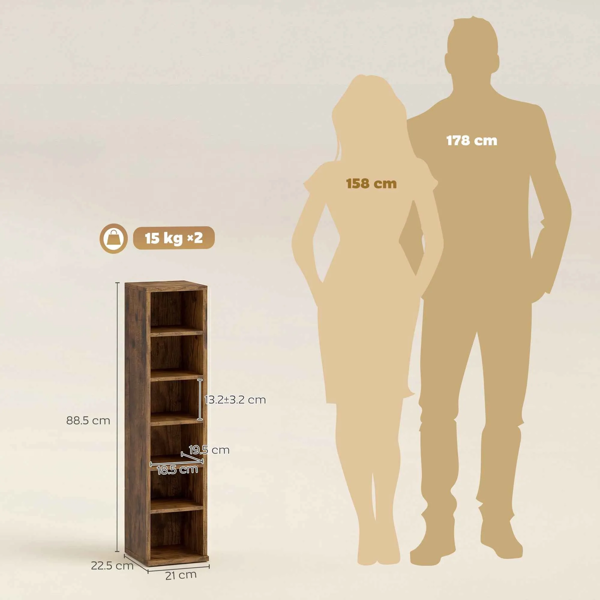 HOMCOM Set of 2 CD Racks with Adjustable Shelves for 204 CDs, Wooden, 21x22.5x88.5 cm, Rustic Brown - Image 3