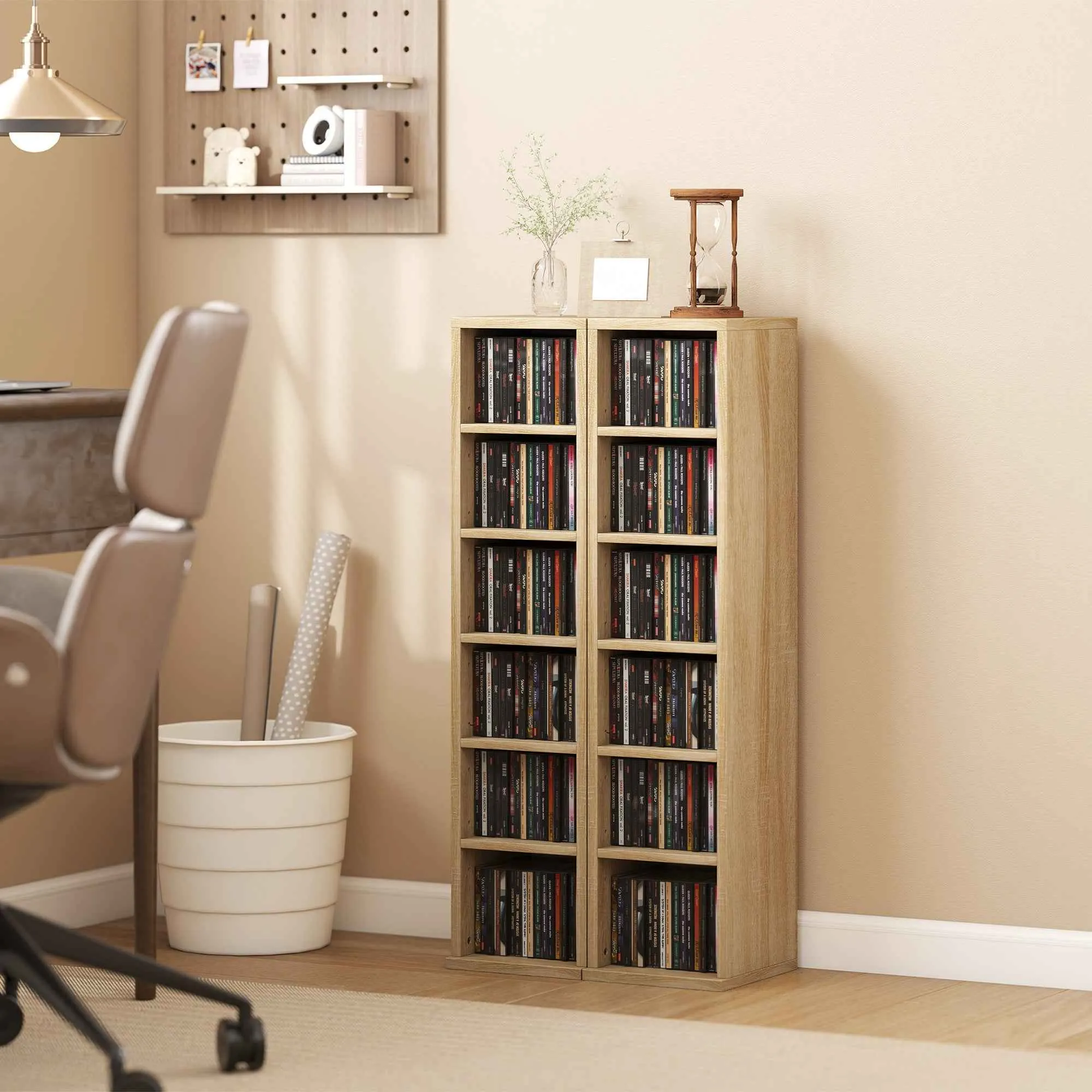 HOMCOM Set of 2 CD Racks with Adjustable Shelves for 204 CDs, Wooden, 21x22.5x88.5 cm, Oak - Image 2