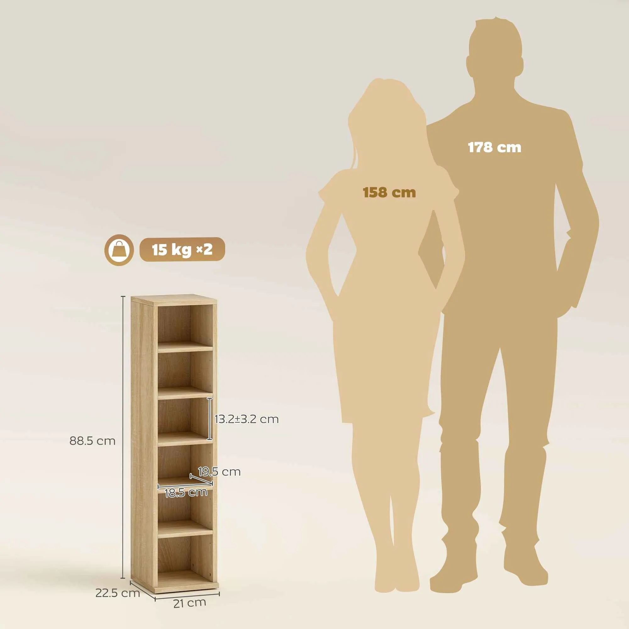 HOMCOM Set of 2 CD Racks with Adjustable Shelves for 204 CDs, Wooden, 21x22.5x88.5 cm, Oak - Image 3