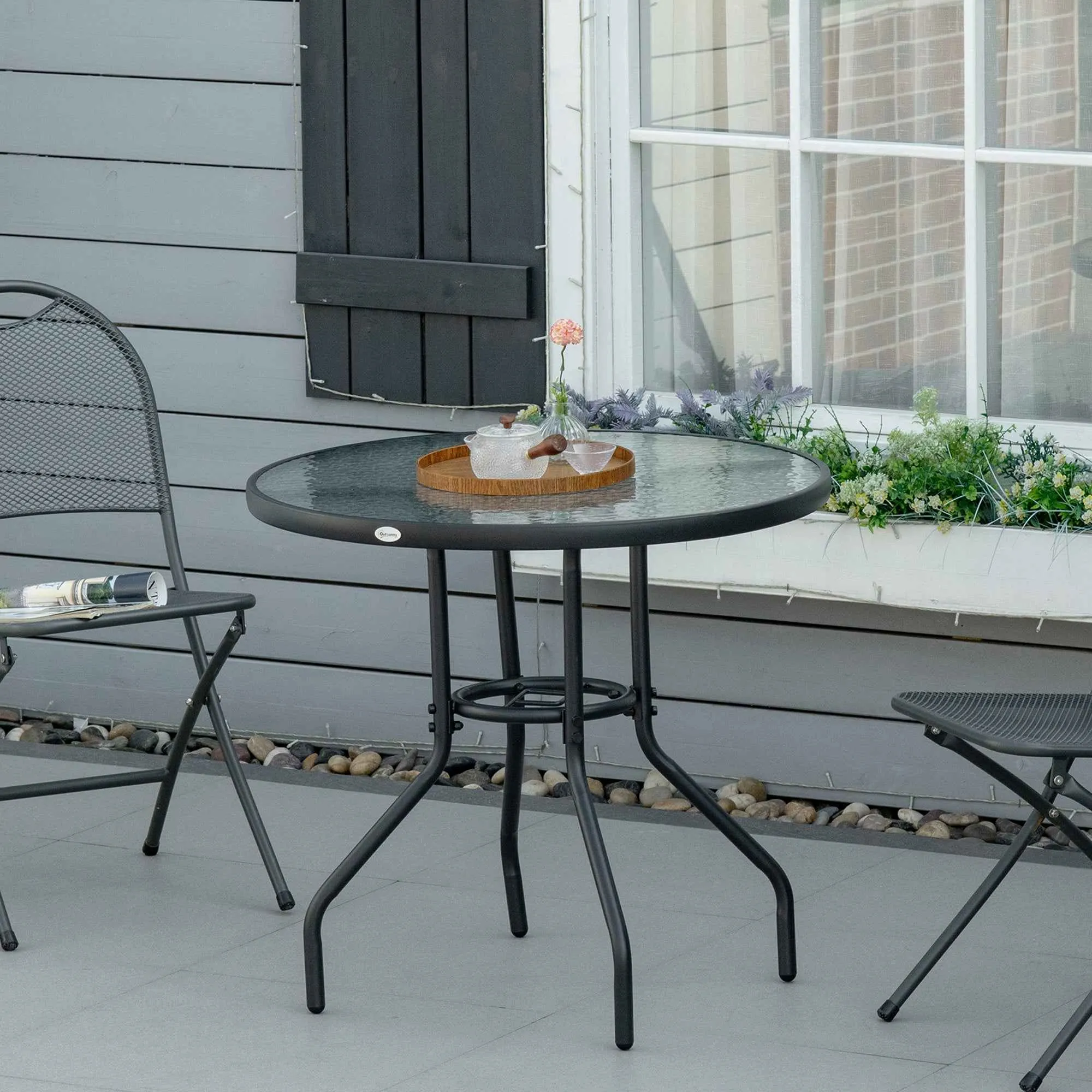 Outsunny Garden Table Round Coffee Table with Hole, 80cm, Black - Image 2