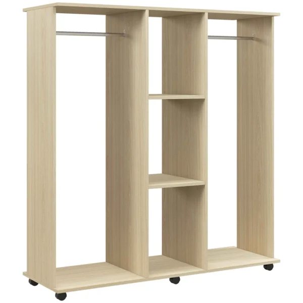 HOMCOM Wardrobe with Wheels, 2 Rods, and 3 Open Shelves, Made of Wood and Aluminum, 120x40x128 cm, Wood Color