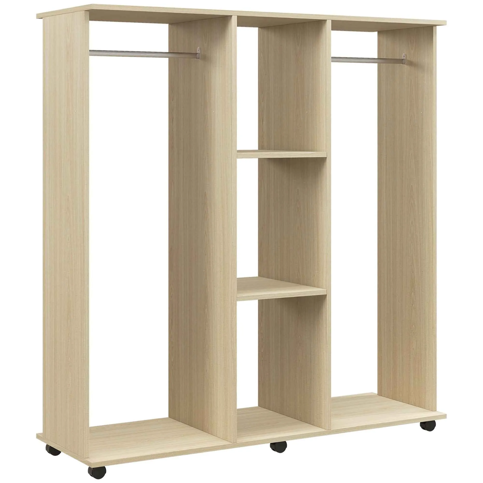 HOMCOM Wardrobe with Wheels, 2 Rods, and 3 Open Shelves, Made of Wood and Aluminum, 120x40x128 cm, Wood Color
