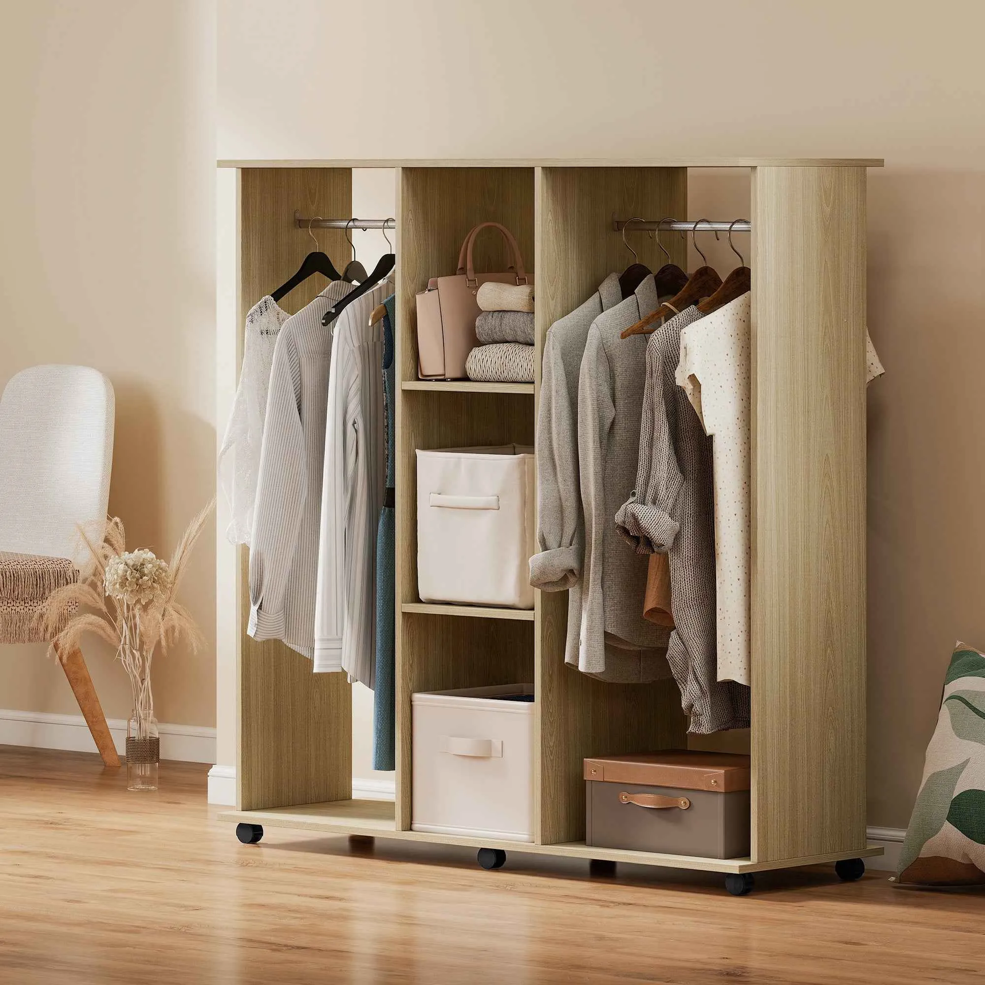 HOMCOM Wardrobe with Wheels, 2 Rods, and 3 Open Shelves, Made of Wood and Aluminum, 120x40x128 cm, Wood Color - Image 2