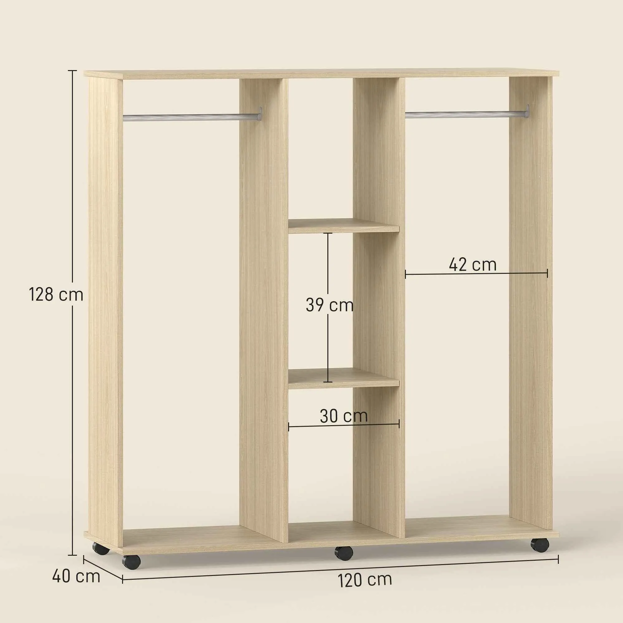 HOMCOM Wardrobe with Wheels, 2 Rods, and 3 Open Shelves, Made of Wood and Aluminum, 120x40x128 cm, Wood Color - Image 3