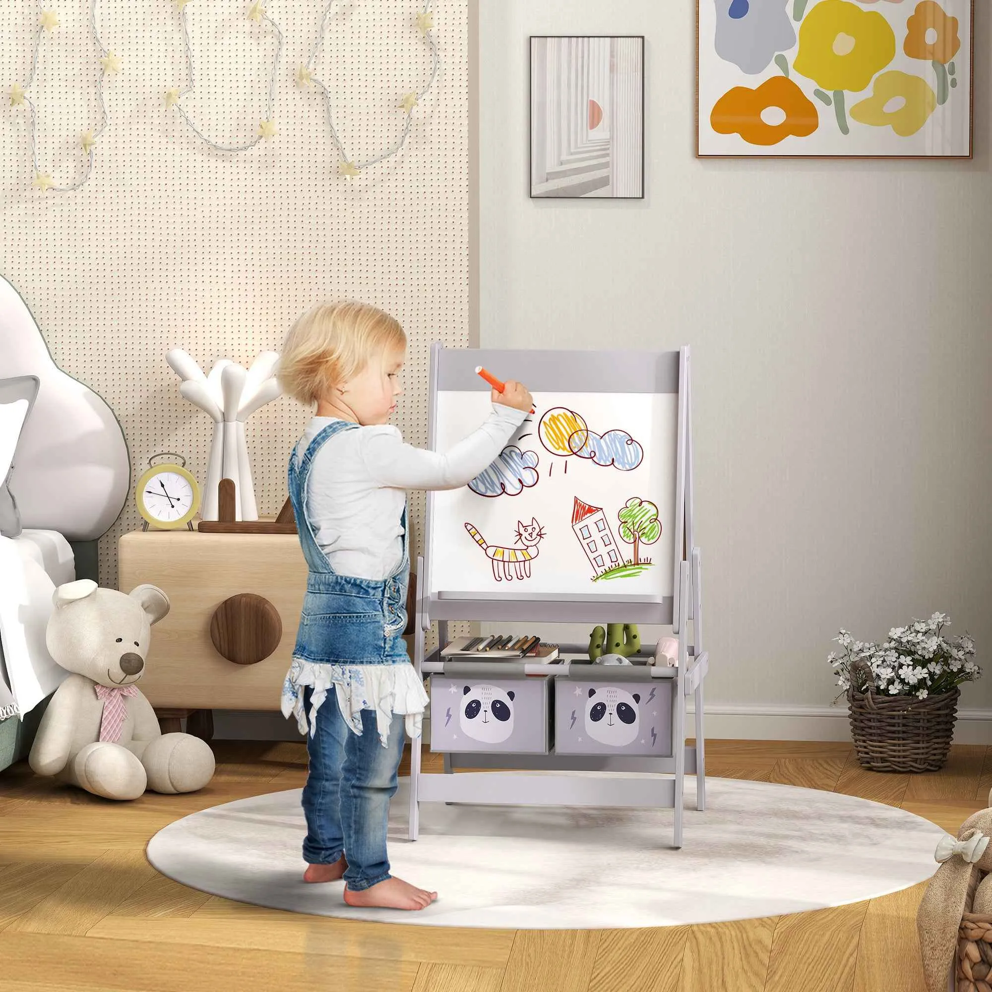 3-in-1 Children's Easel with 2 Storage Bins, Ages 3-8 Years, 54x46.5x93cm, Grey - Image 2