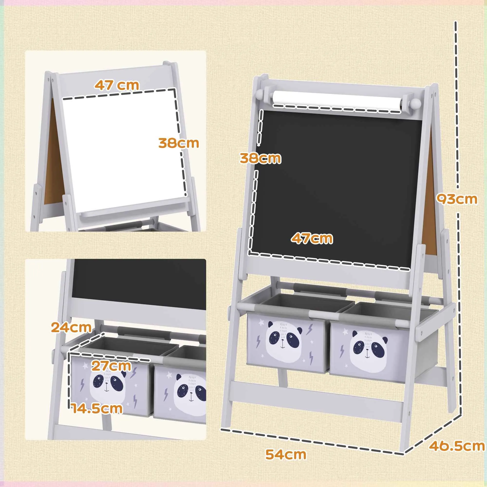 3-in-1 Children's Easel with 2 Storage Bins, Ages 3-8 Years, 54x46.5x93cm, Grey - Image 3