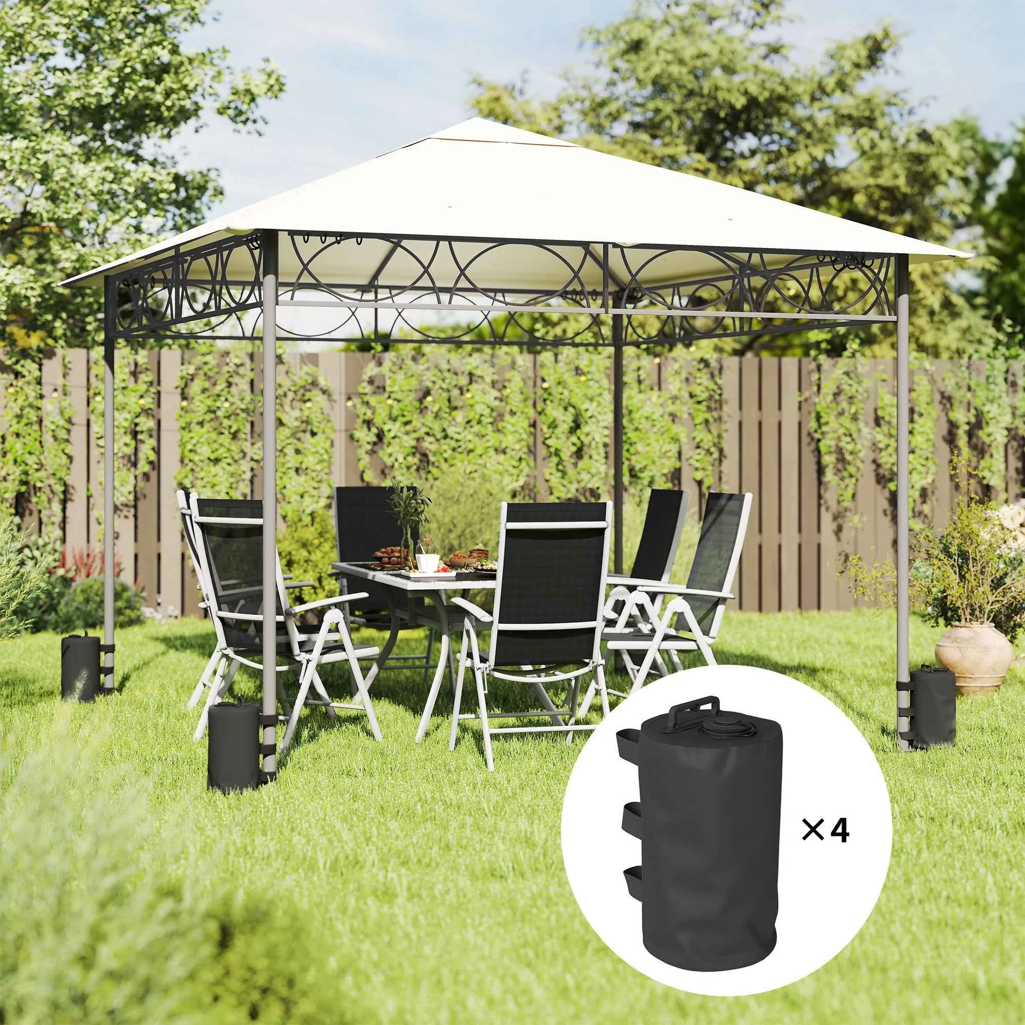 Outsunny Set of 4 Gazebo Weights with Handles and Velcro Straps, Ø20x32.5cm, Black - Image 2