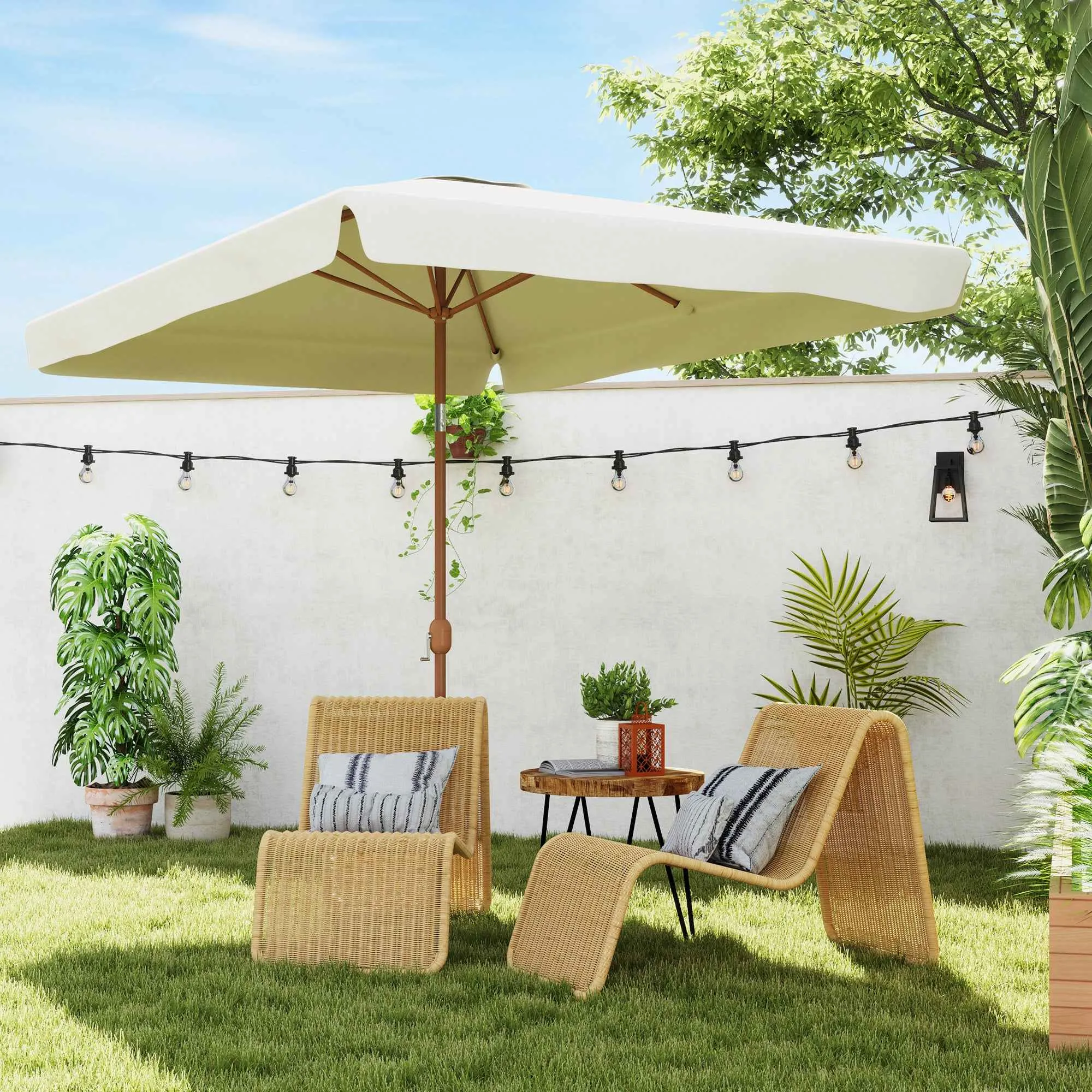 Outsunny 2x3m Rectangular Garden Umbrella with Frill Edge and Crank Handle, Metal and Polyester, Beige - Image 2