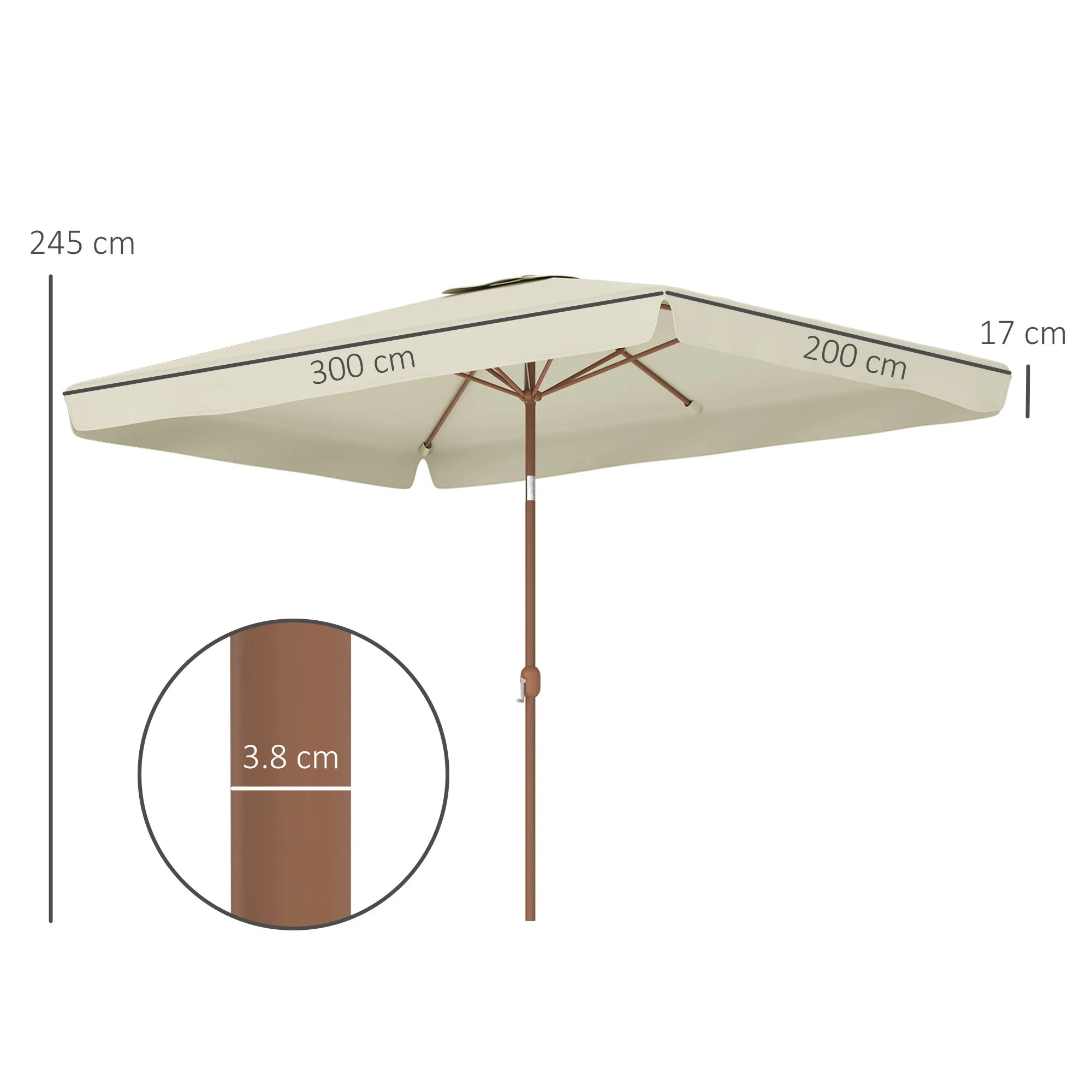 Outsunny 2x3m Rectangular Garden Umbrella with Frill Edge and Crank Handle, Metal and Polyester, Beige - Image 3