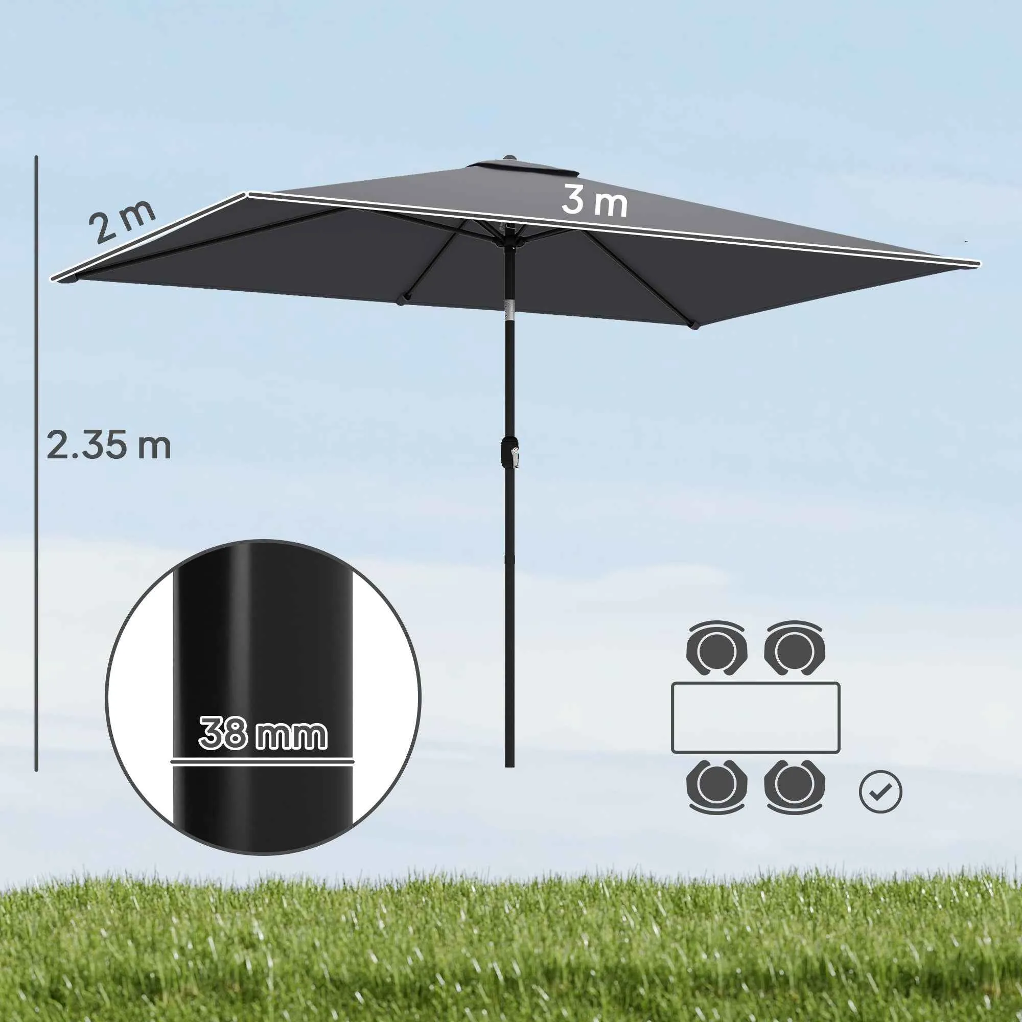 Outsunny 3x2m Rectangular Garden Umbrella with Crank Handle, Metal and Polyester, Dark Grey - Image 3