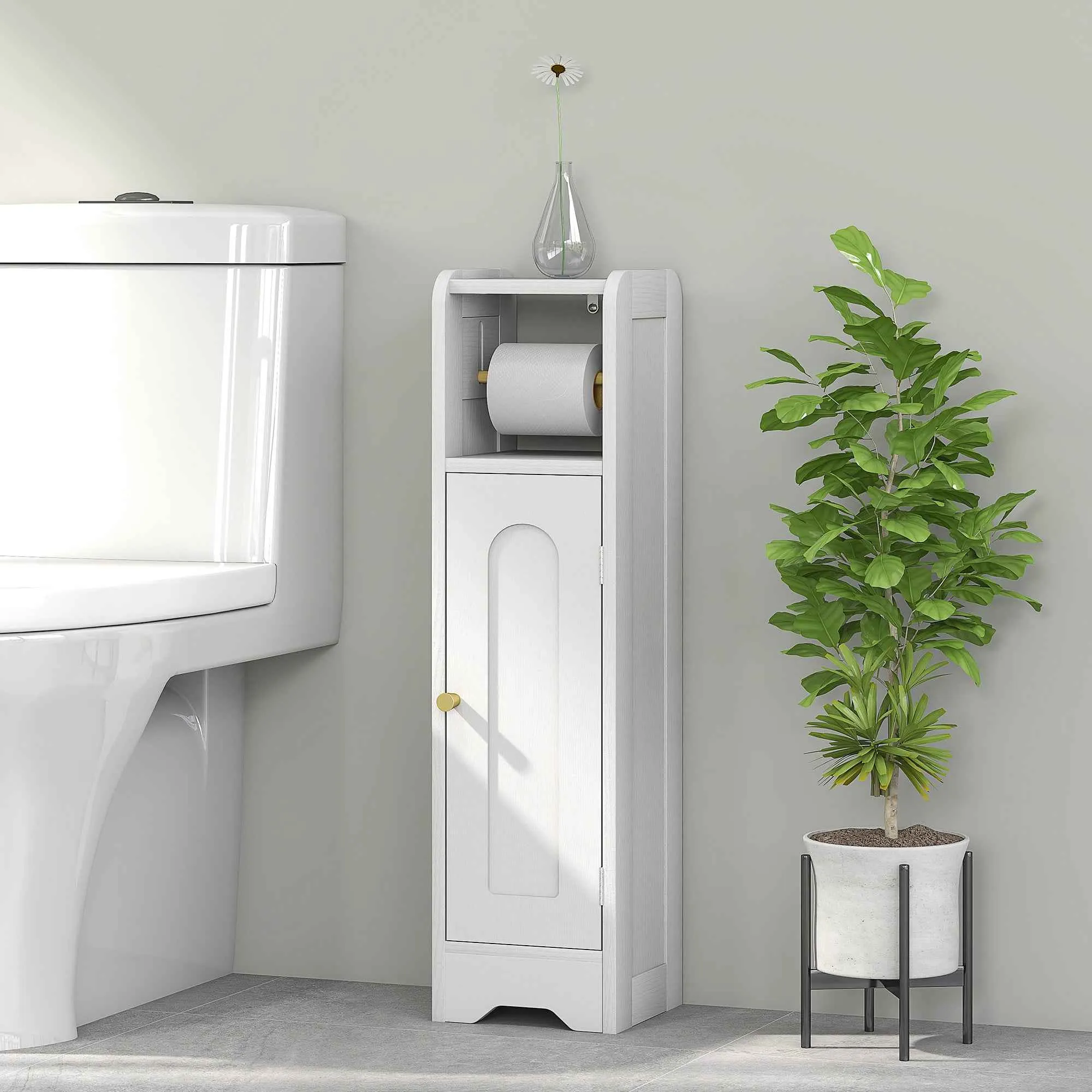 HOMCOM Wooden Toilet Paper Holder Cabinet with Adjustable Internal Shelf, 21x20x79 cm, White - Image 2