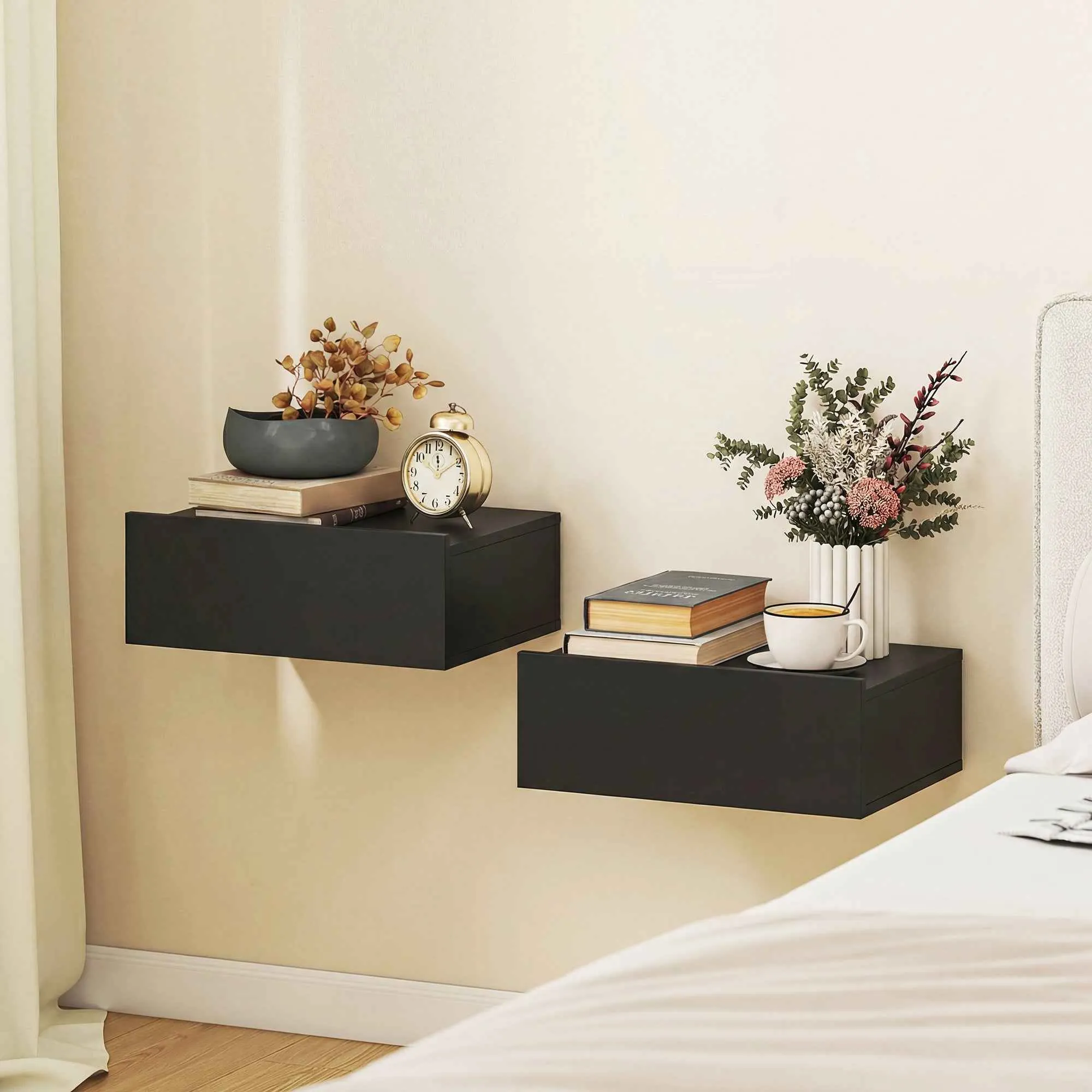 HOMCOM Set of 2 Modern Floating Bedside Tables with Wooden Drawer, 40x30x15cm, Black - Image 2