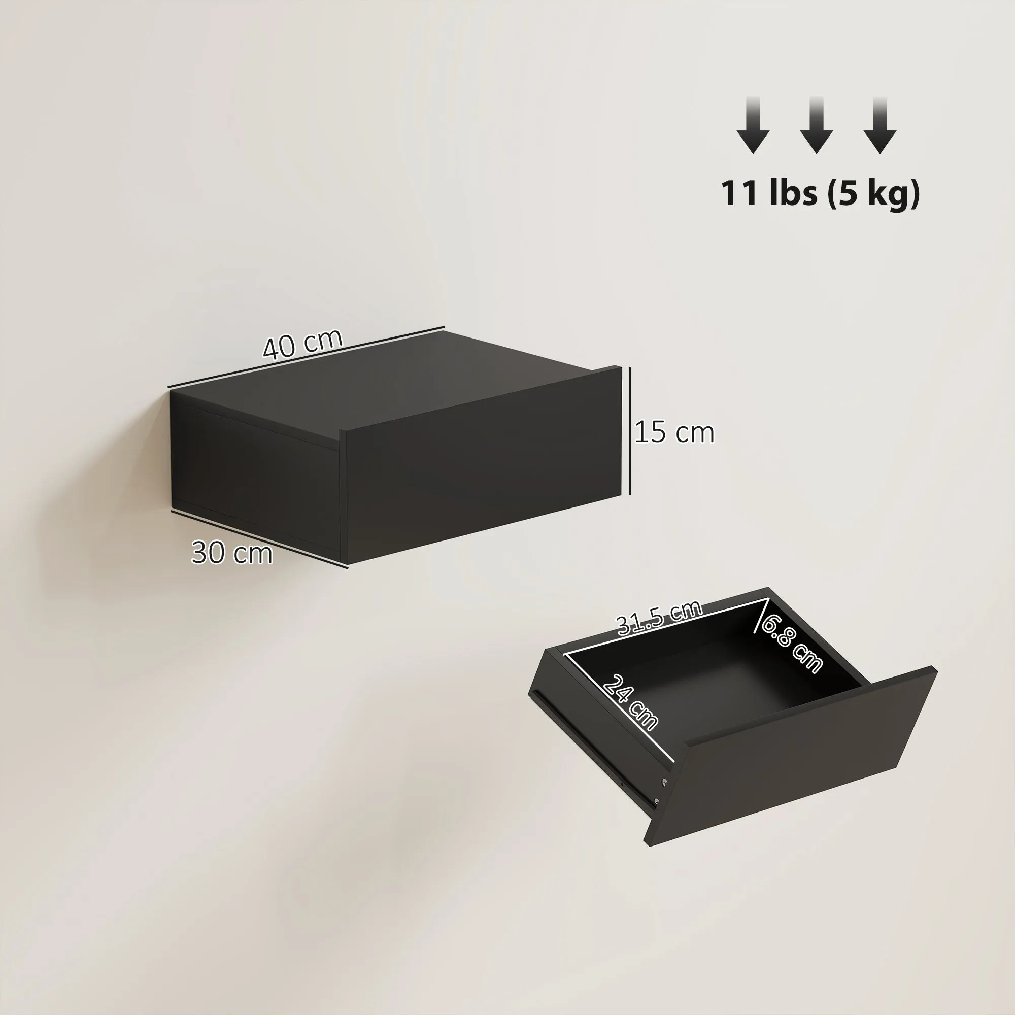 HOMCOM Set of 2 Modern Floating Bedside Tables with Wooden Drawer, 40x30x15cm, Black - Image 3