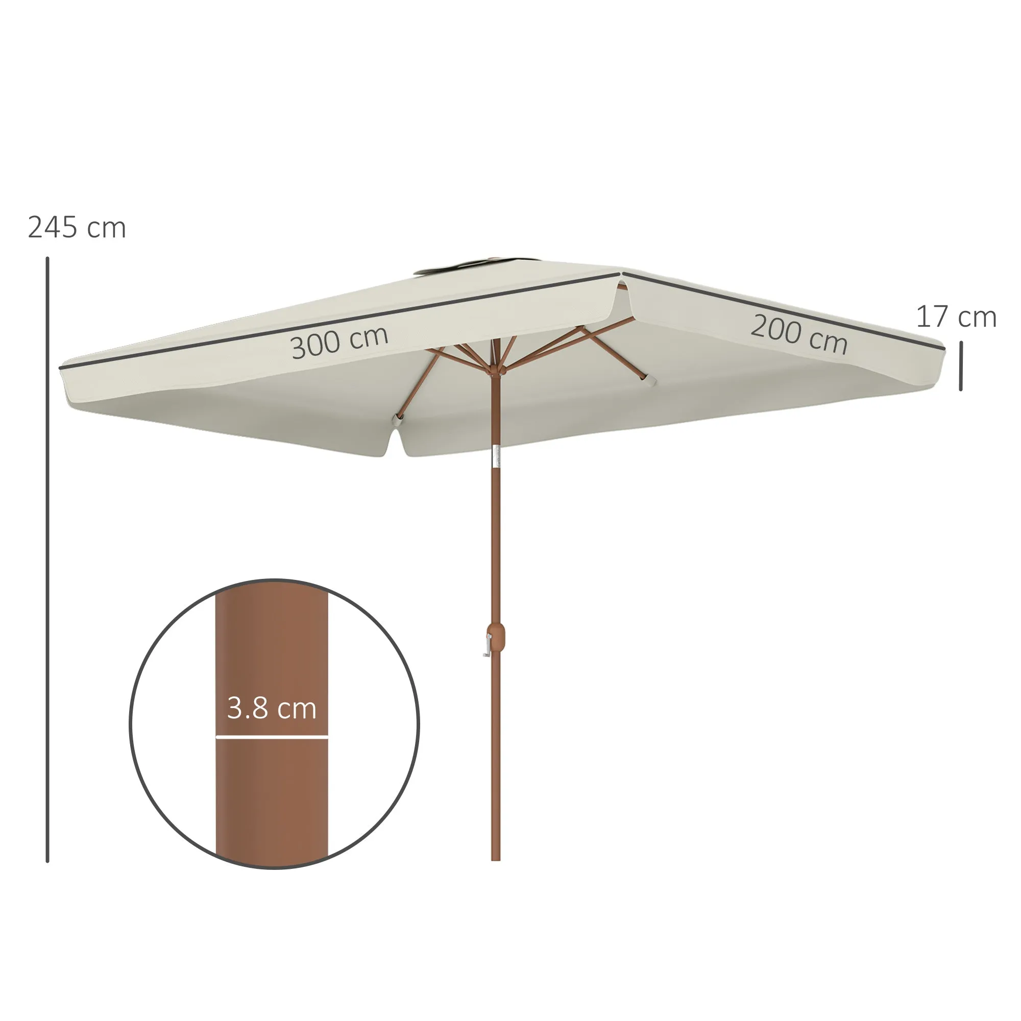 Outsunny 2x3m Rectangular Garden Umbrella with Crank Handle, Metal and Polyester, Cream - Image 3