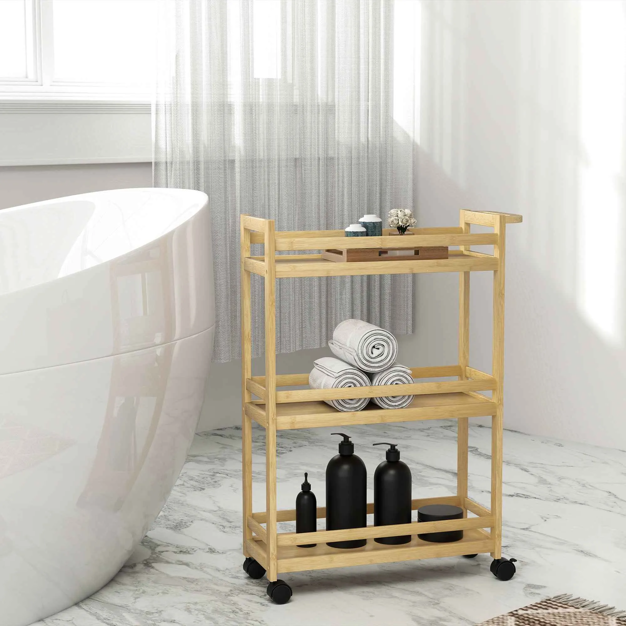 HOMCOM 3-Tier Bamboo Bathroom Storage Cart, 55x20x75 cm, Wood Color - Image 2
