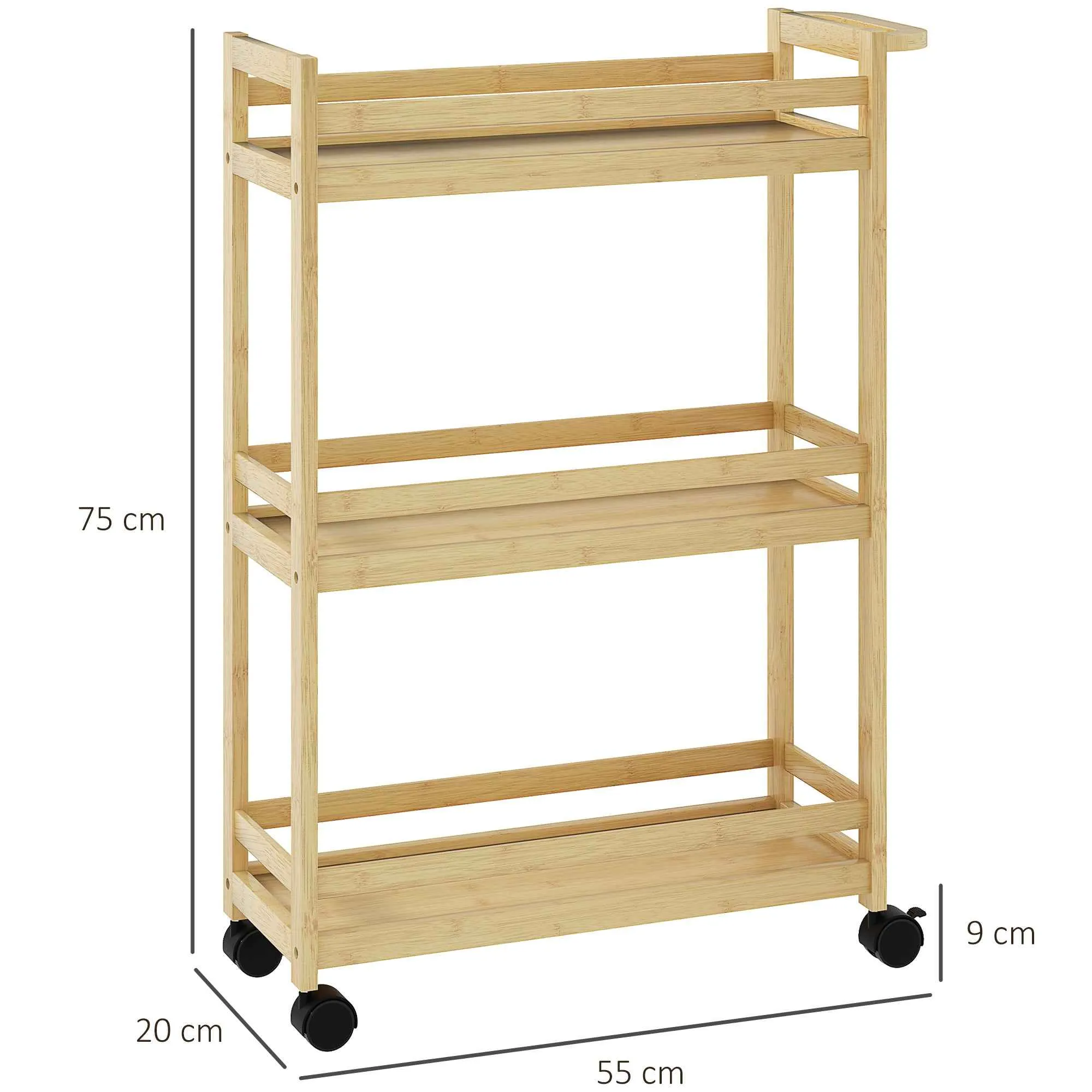 HOMCOM 3-Tier Bamboo Bathroom Storage Cart, 55x20x75 cm, Wood Color - Image 3
