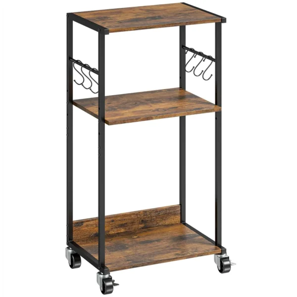 HOMCOM Industrial Printer Table 3 Tier, Wheels and Hooks, Rustic Brown.
