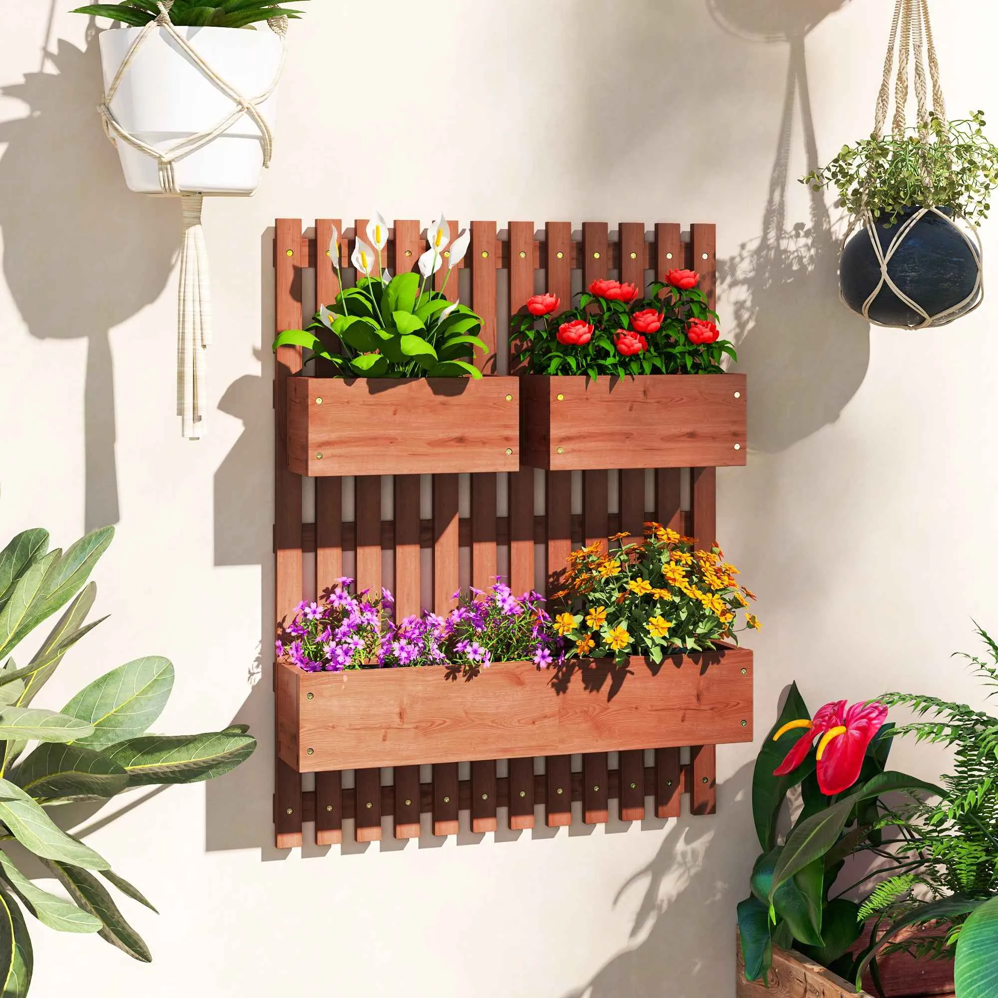 Outsunny Vertical Slatted Planter with 3 Removable Pots, in Fir Wood, 60x16x80 cm, Brown - Image 2