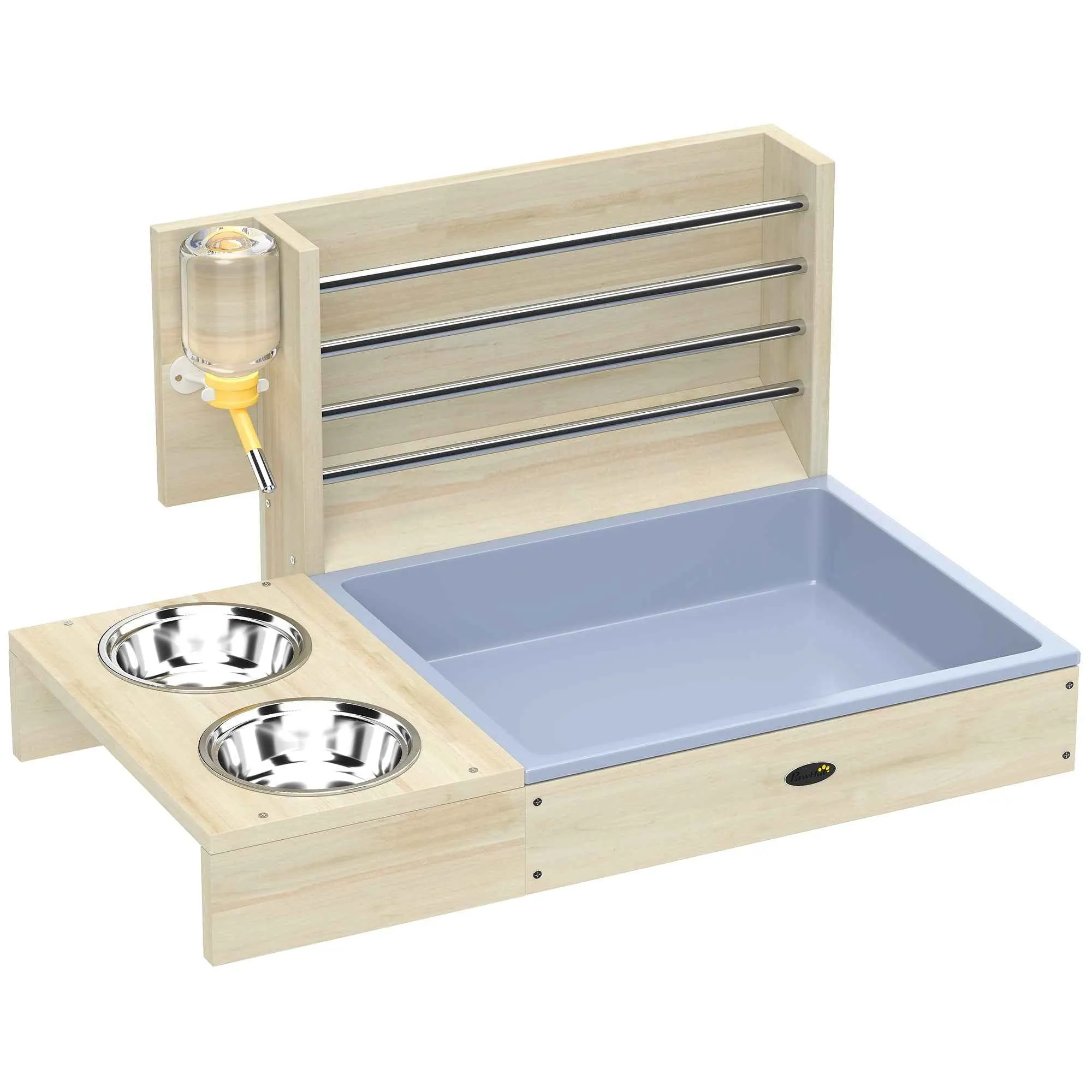 PawHut Hay Feeder with Hay Rack and Litter Box, Feeding Station, Natural Wood Color