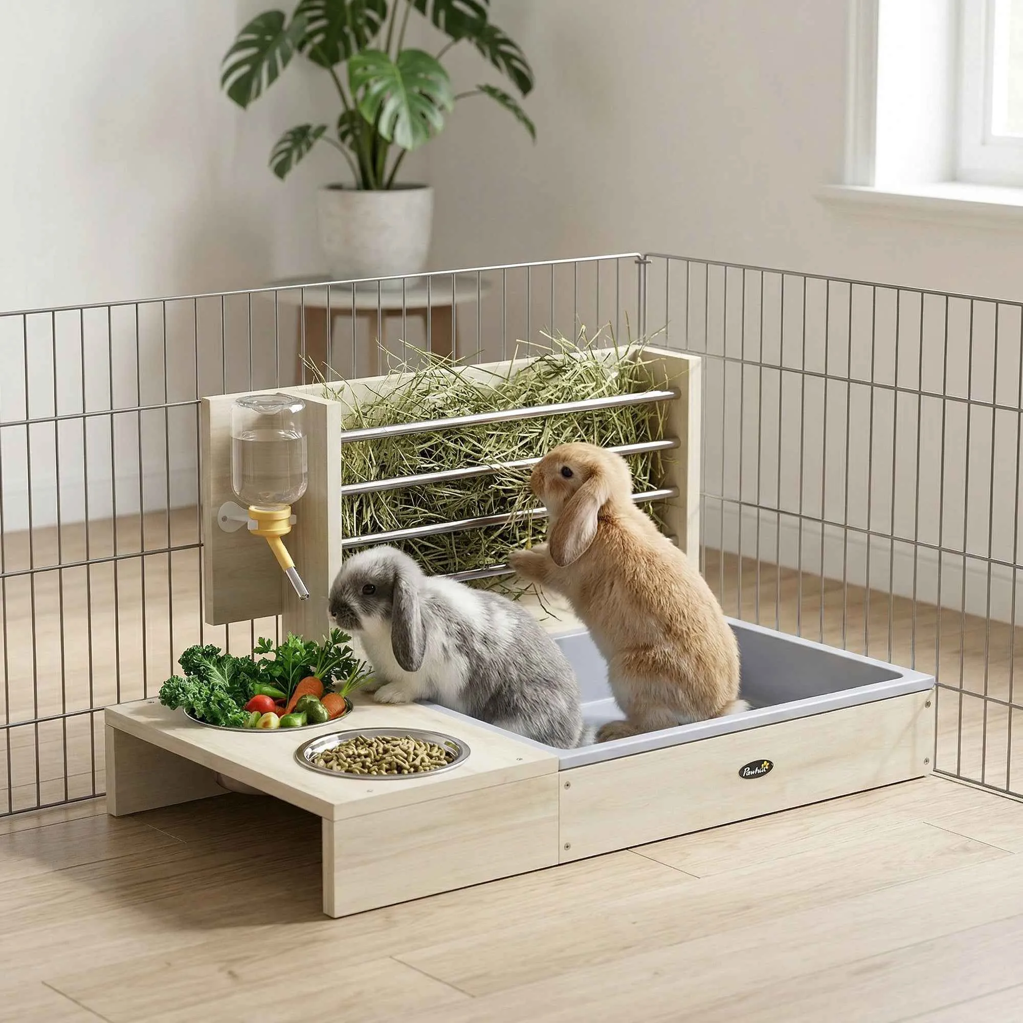 PawHut Hay Feeder with Hay Rack and Litter Box, Feeding Station, Natural Wood Color - Image 2